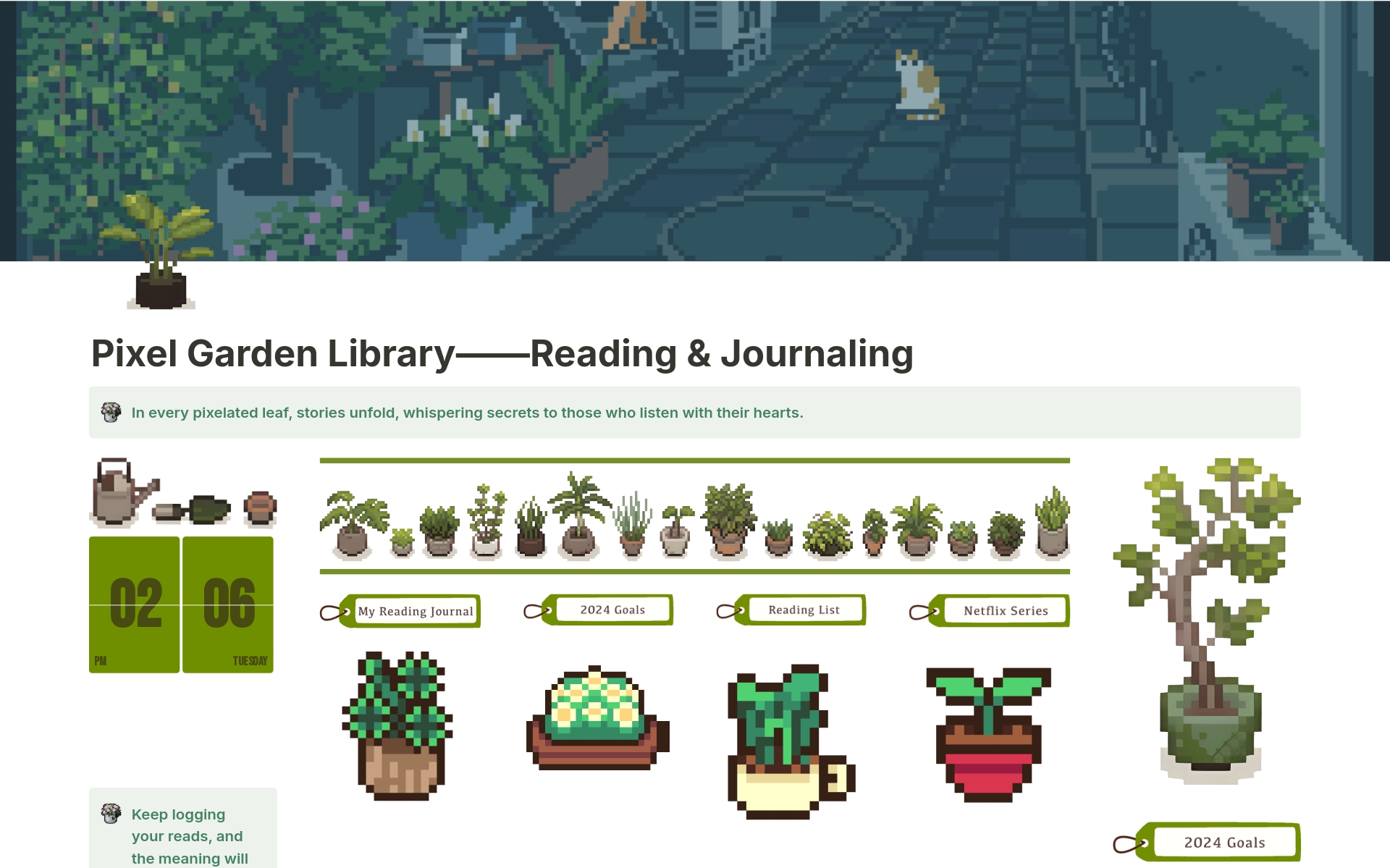 A template preview for Pixel Garden Library——Reading & Journaling
