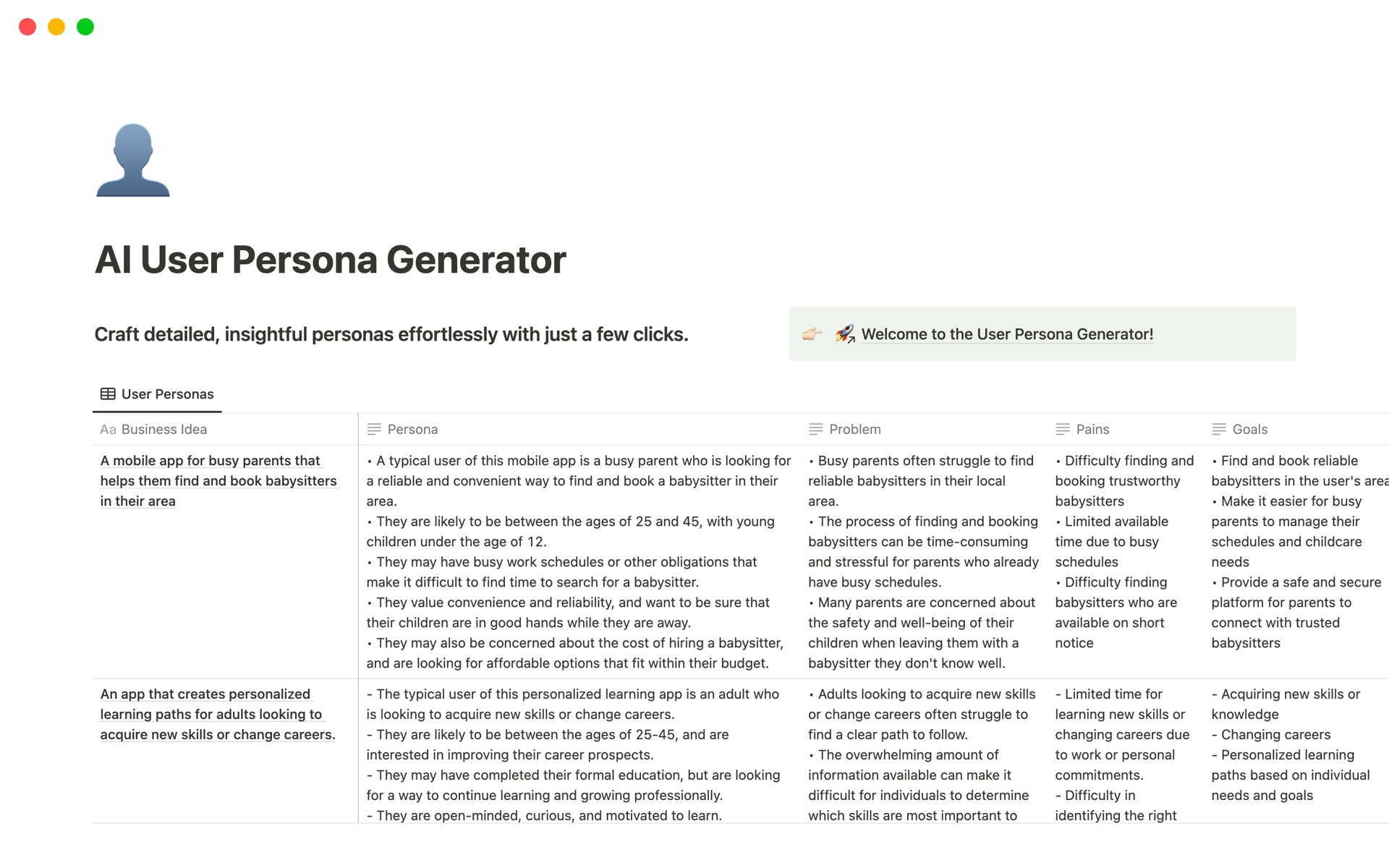 A template preview for AI User Persona Generator