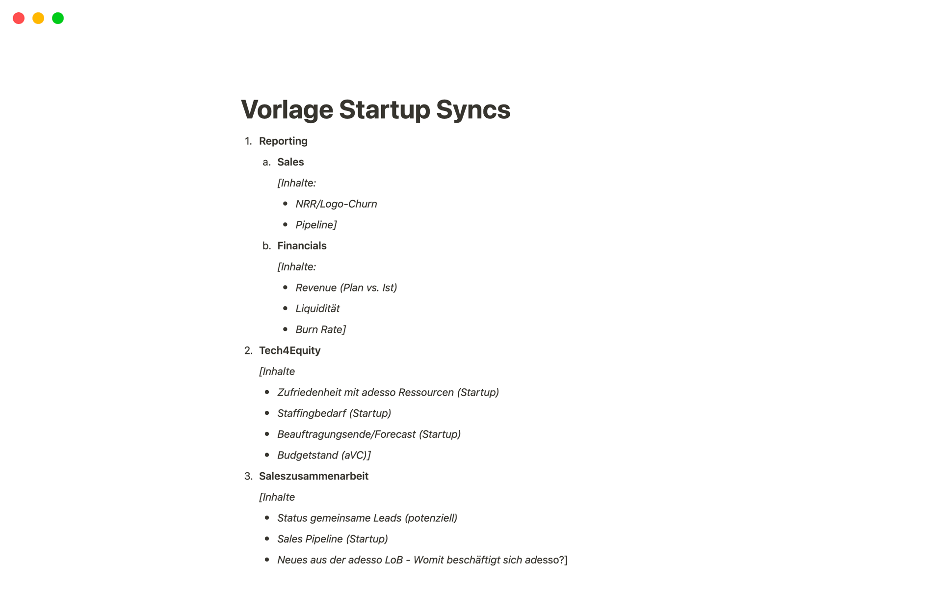 Eine Vorlagenvorschau für Vorlage an Start-up Syncs