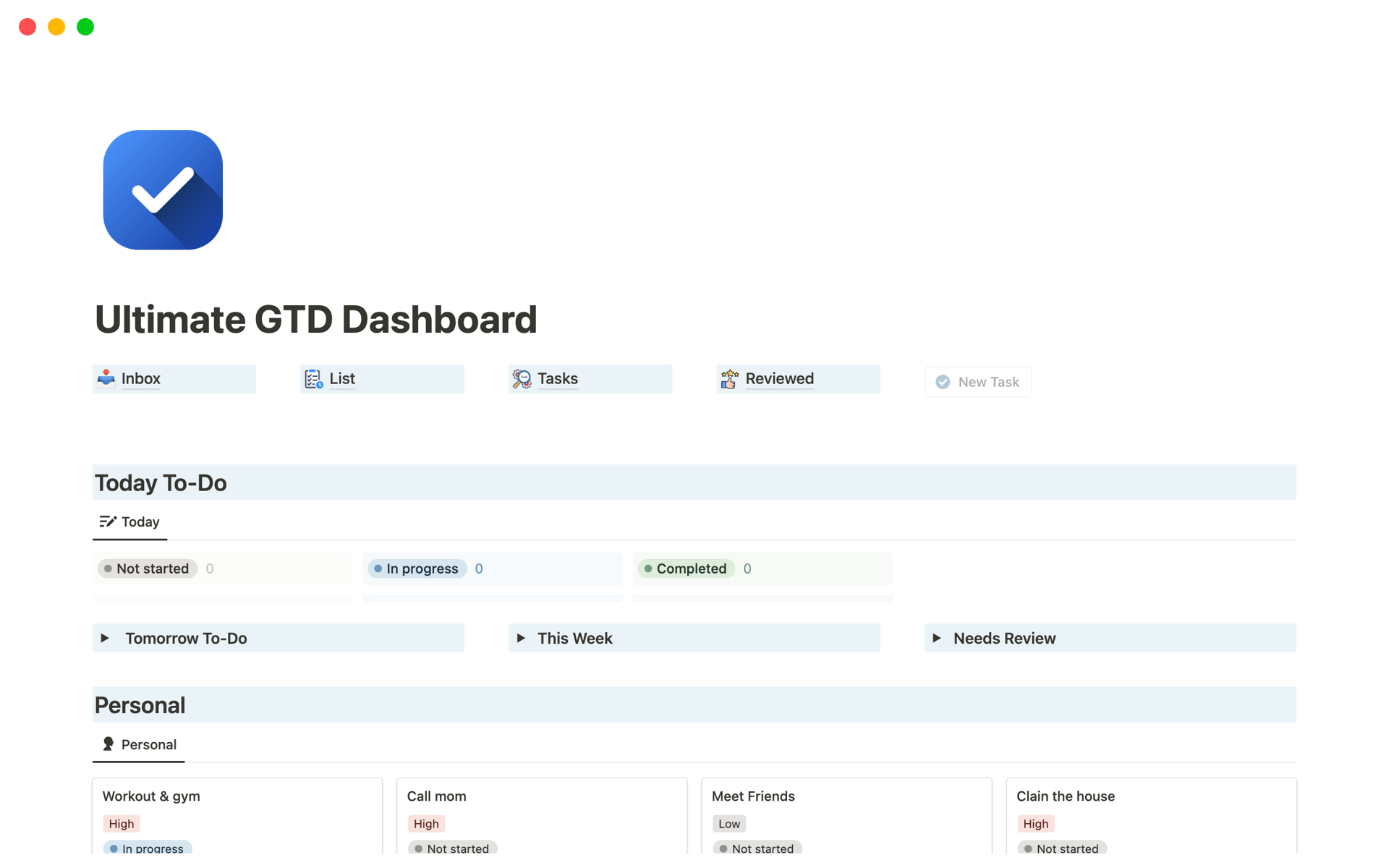 A template preview for Ultimate GTD Dashboard 