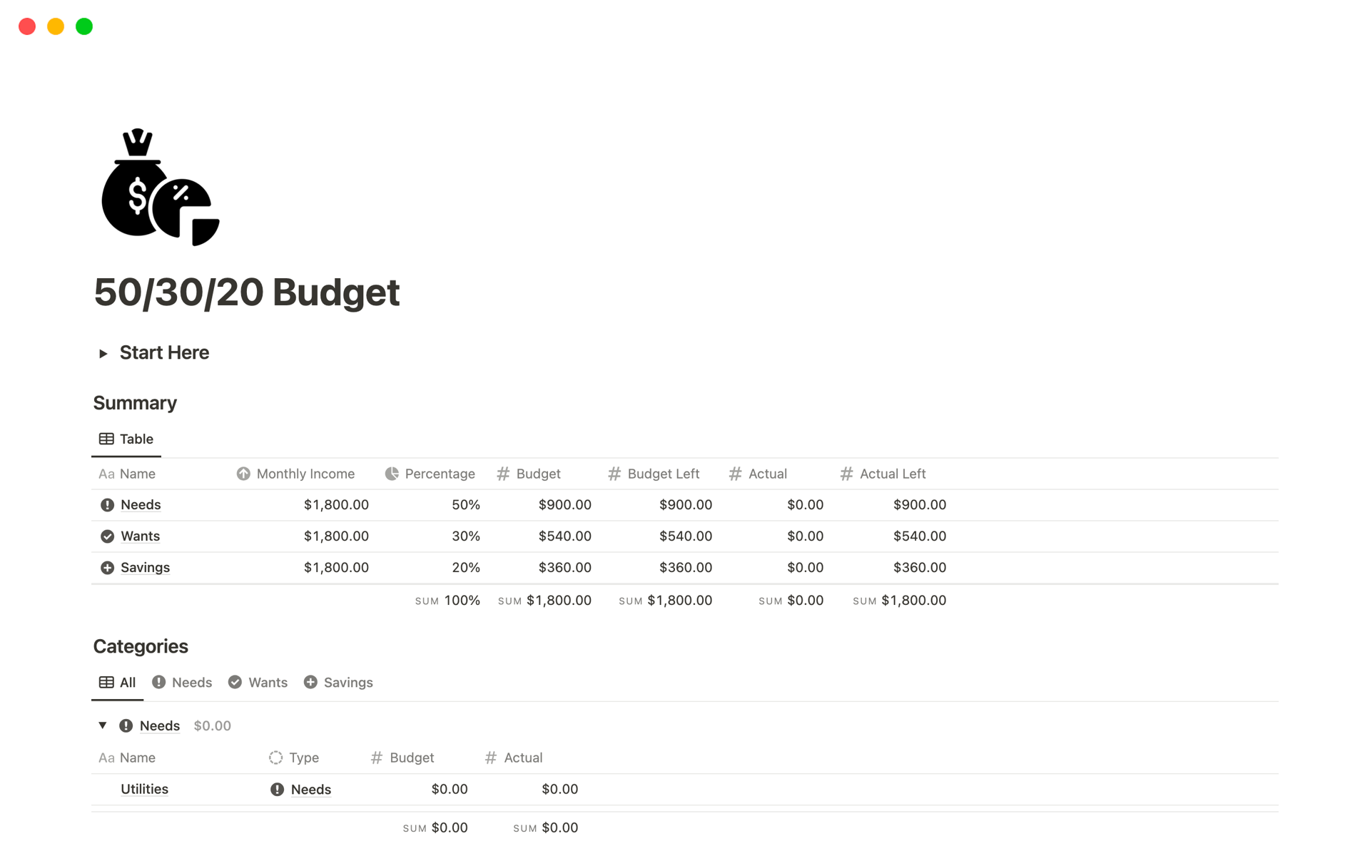 A template preview for 50/30/20 Budget OS