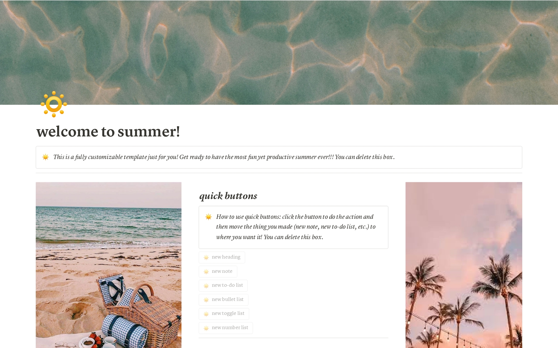 This is a dashboard template for all your summer needs! It is fully customizable, like all of my templates, and has 5+ original subpages!