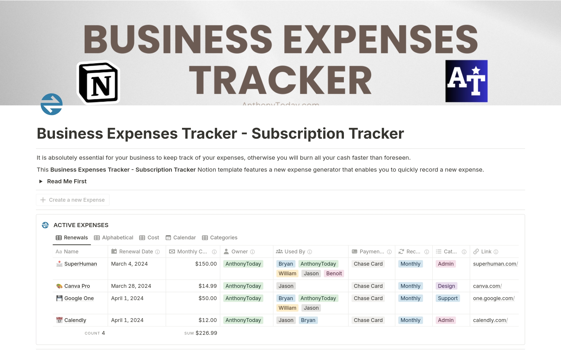 This simple Business Expenses Tracker - Subscription Tracker features a "one-click" function to record a new expense. You will manage all your expenses and keep the overview of all subscriptions, including their payment dates in a calendar view.