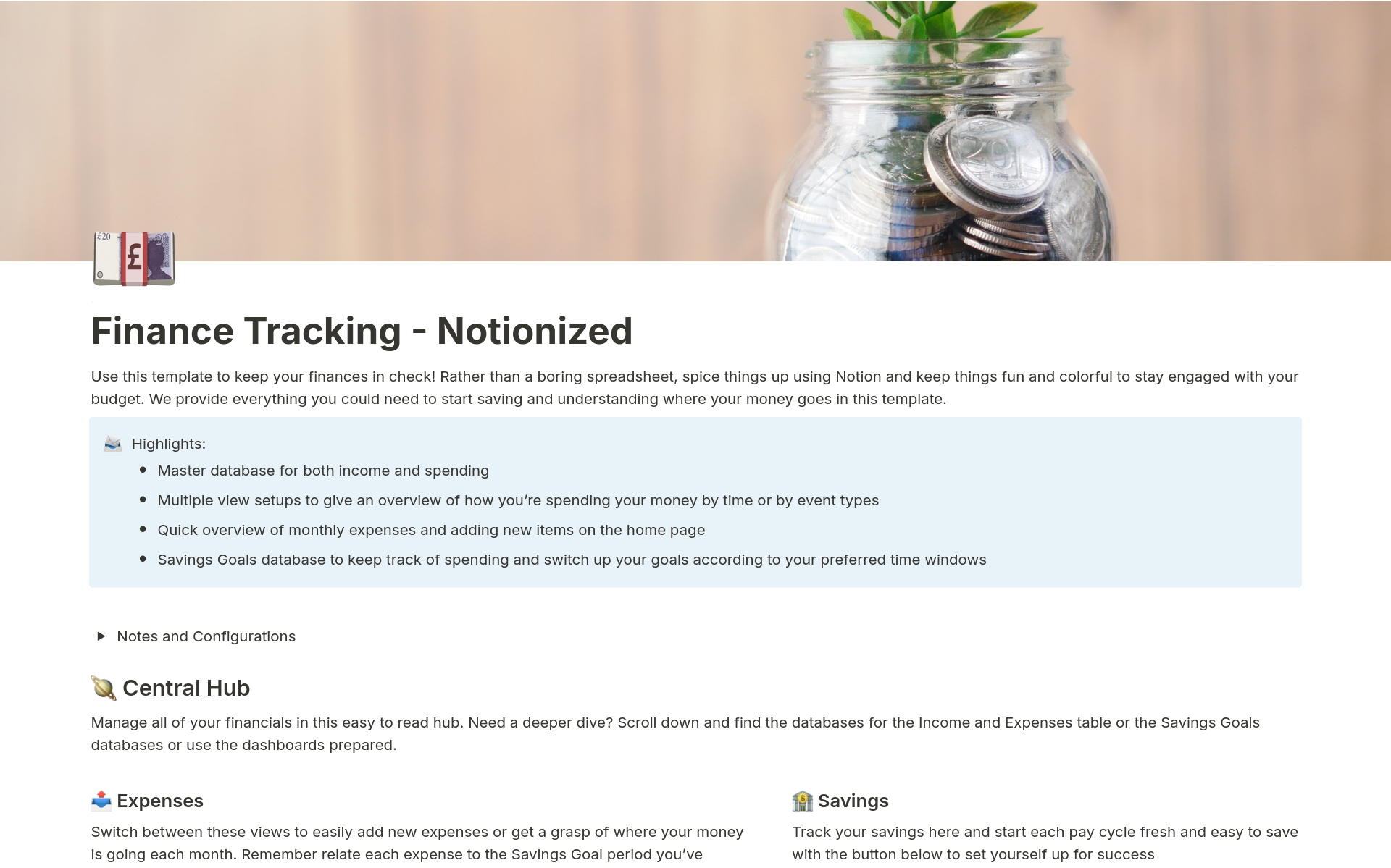 An advanced Notion template for personal finance tracking featuring savings automation, expense itemization and various database views for best visibility.