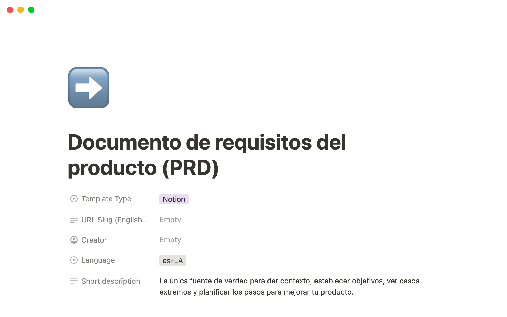 Vista previa de una plantilla para Documento de requisitos del producto (PRD)