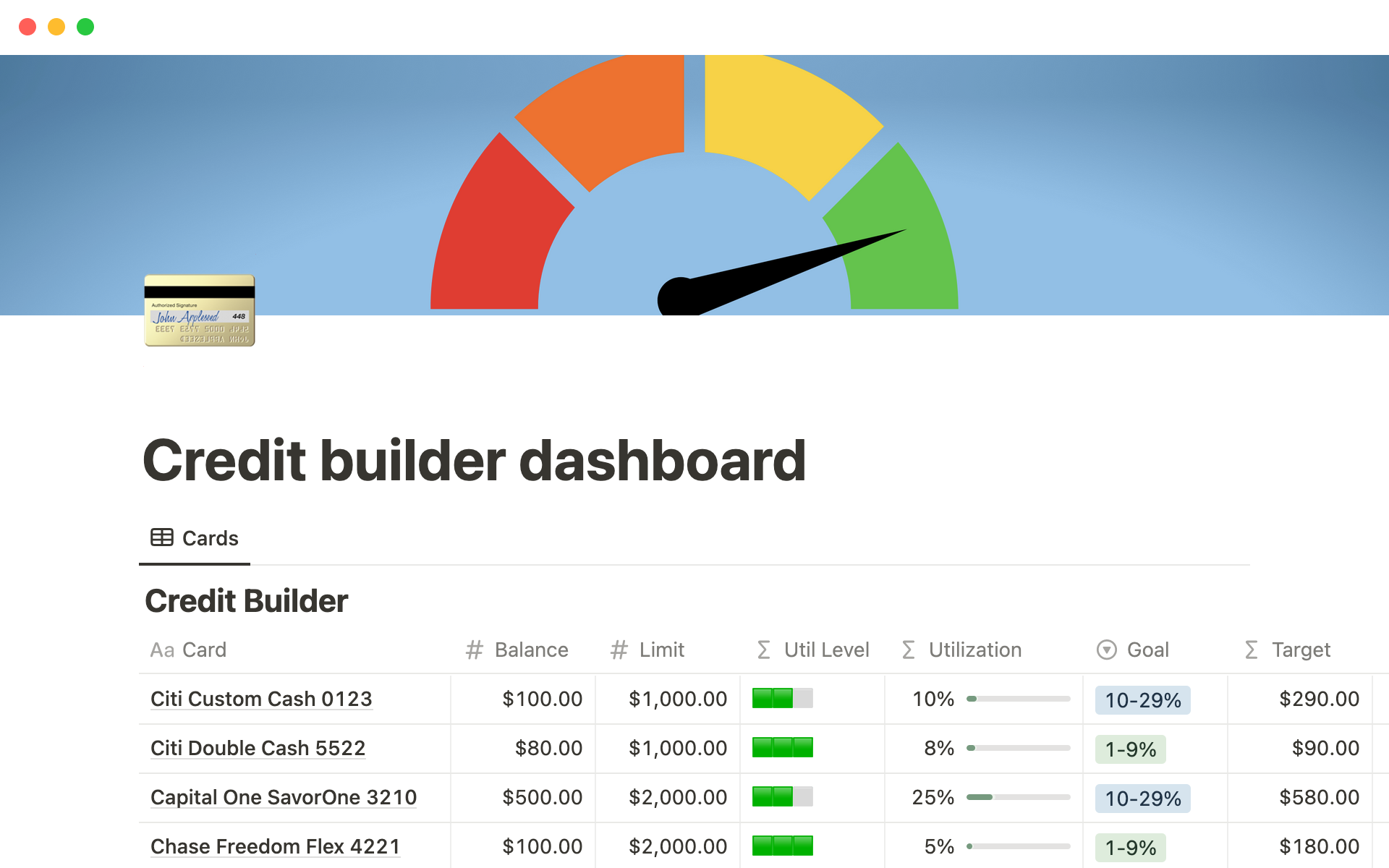 A credit utilization tracker and calendar to visualize your spending and payments.