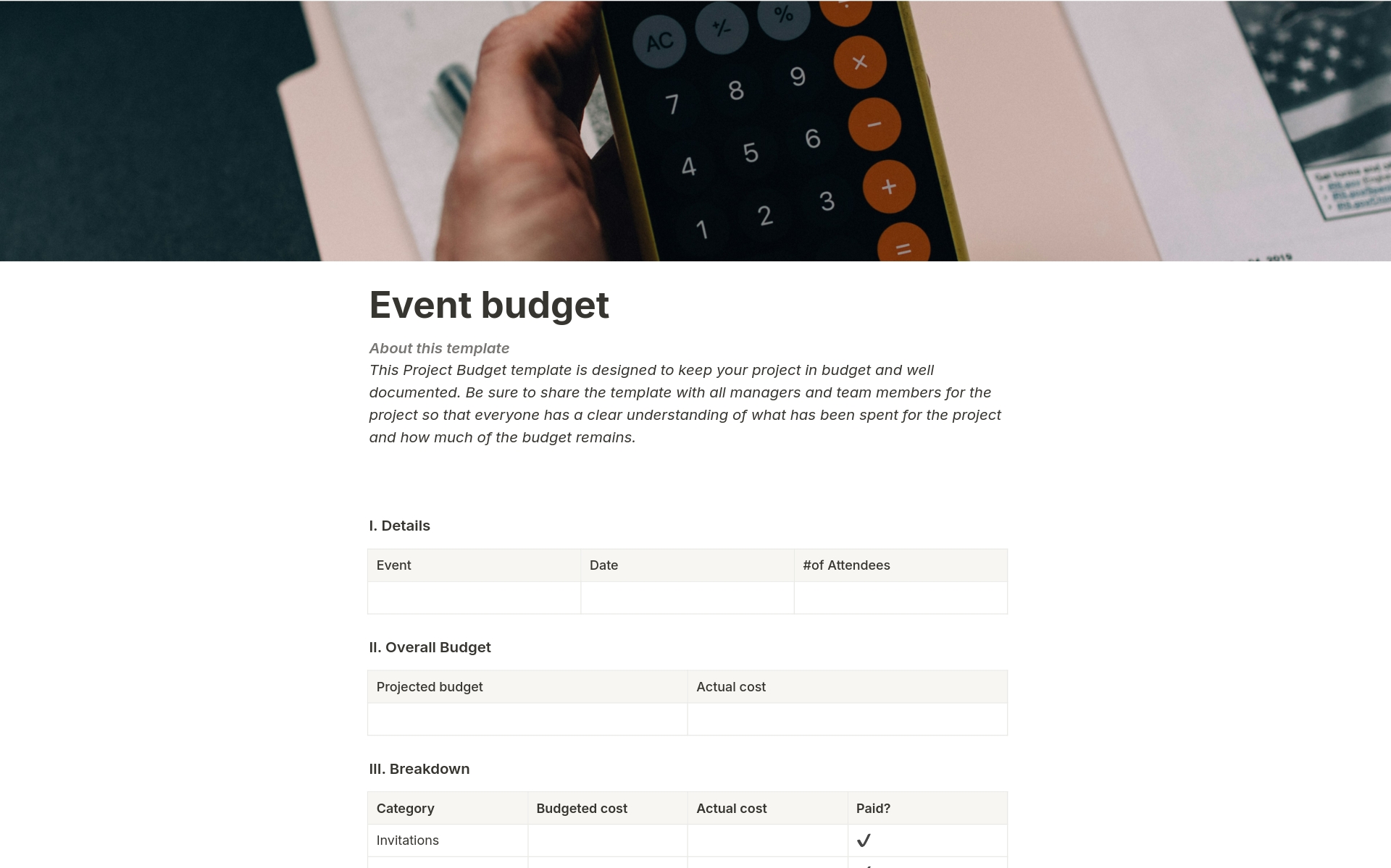 A template preview for Event budget