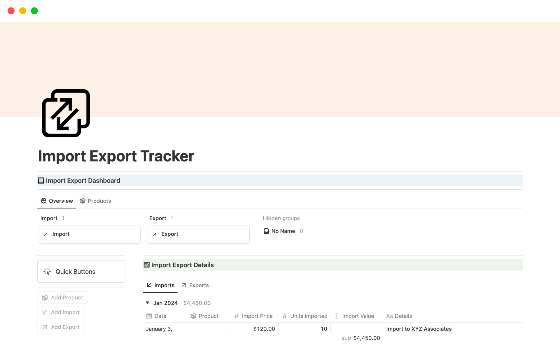 A template preview for Import Export Tracker
