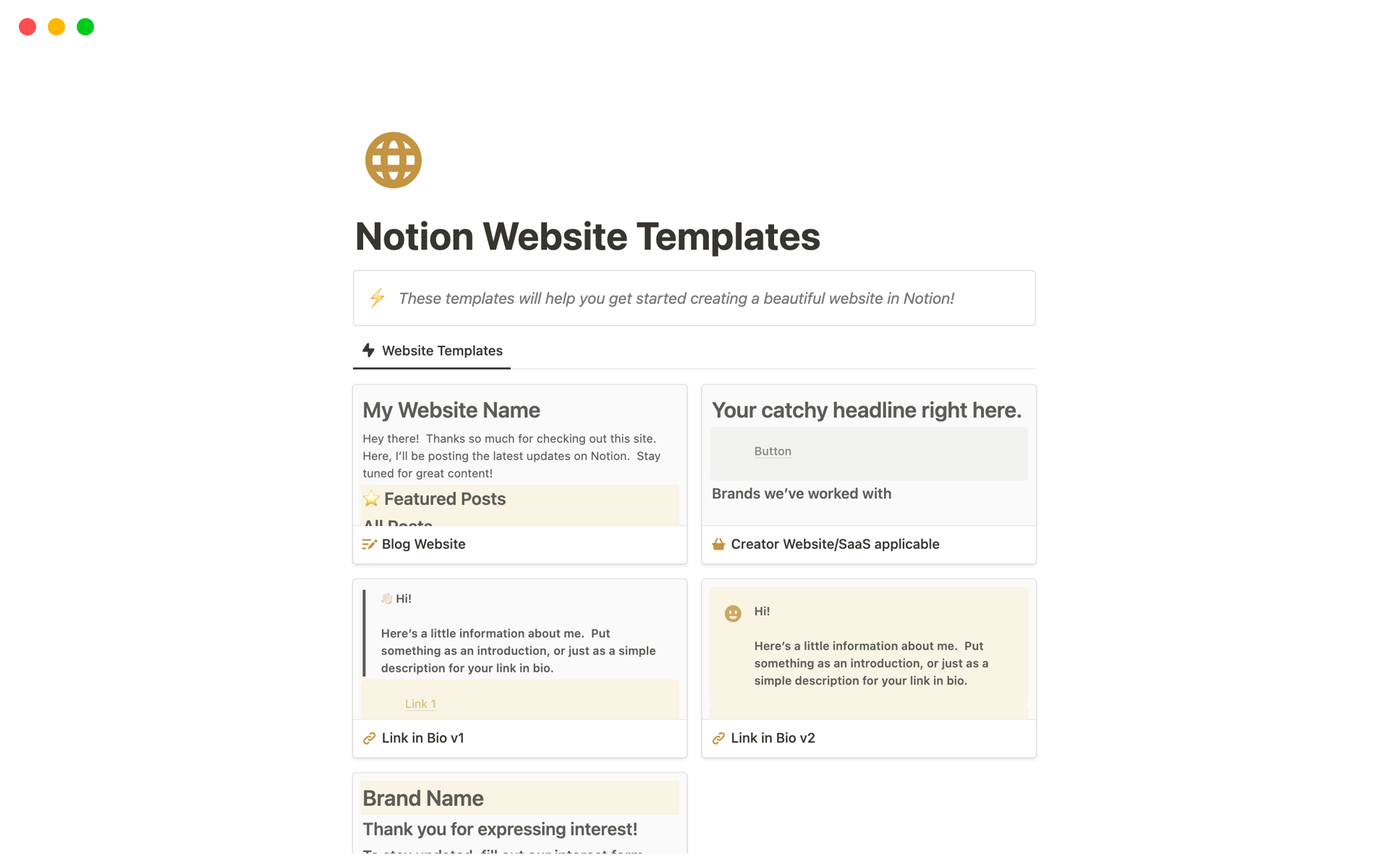 Vista previa de plantilla para Website Blueprints