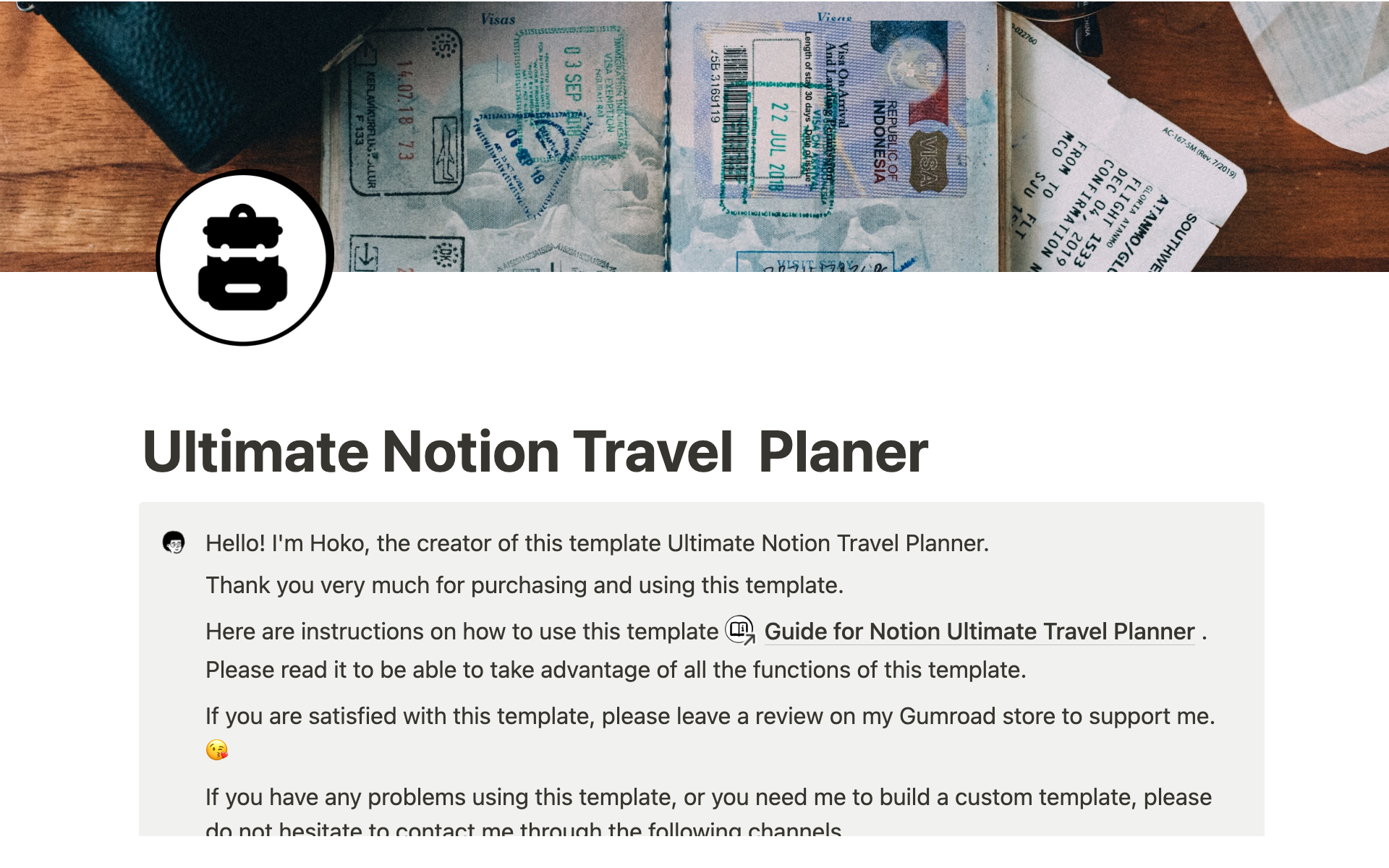 Ultimate Notion Travel Plannerのテンプレートのプレビュー