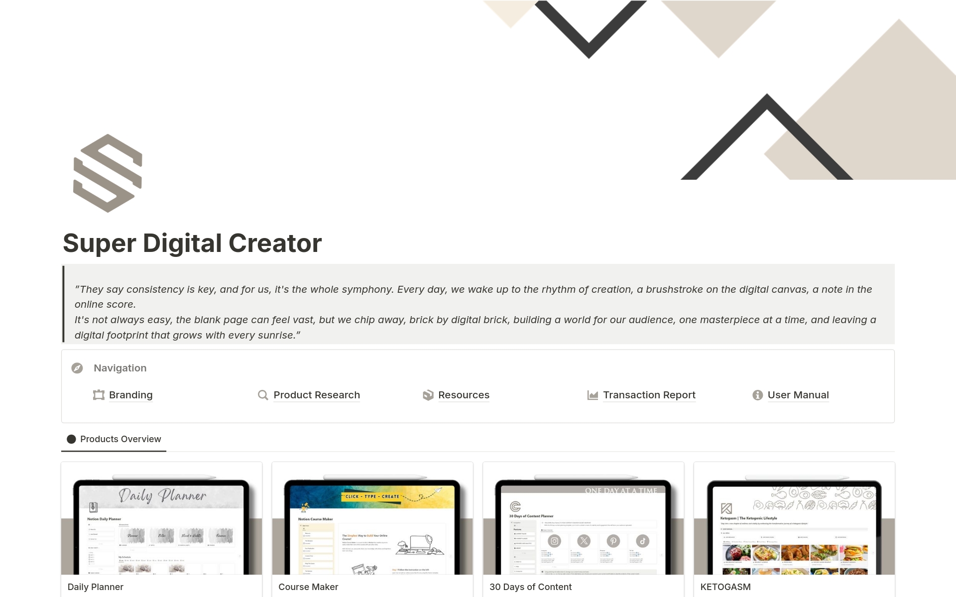 Super Digital Creator is the ultimate toolkit for digital entrepreneurs and digital creators. From defining your brand niche to developing and marketing your products, this all-in-one template streamlines every step of your digital journey.