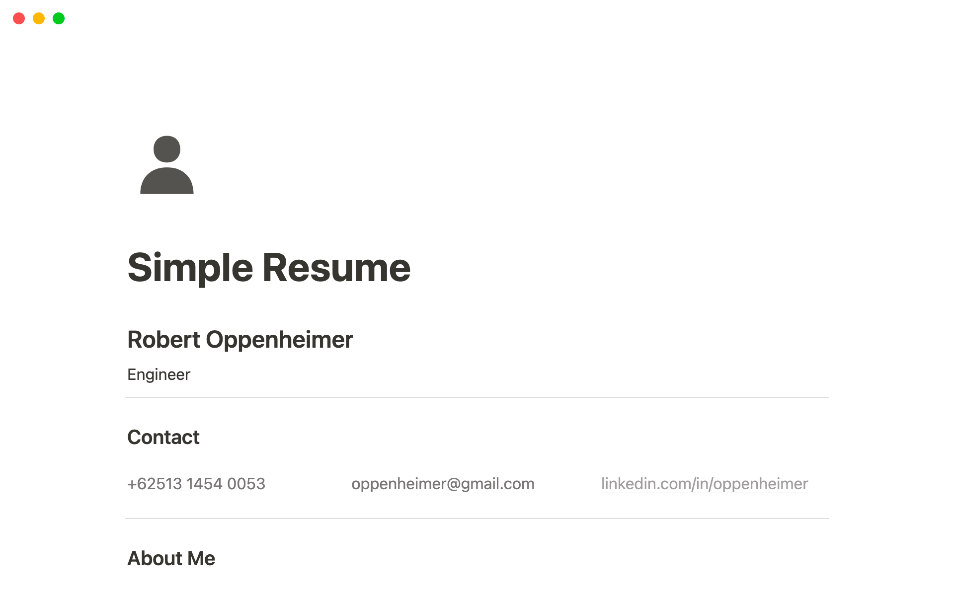 A template preview for Simple Job Resume CV Notion Template