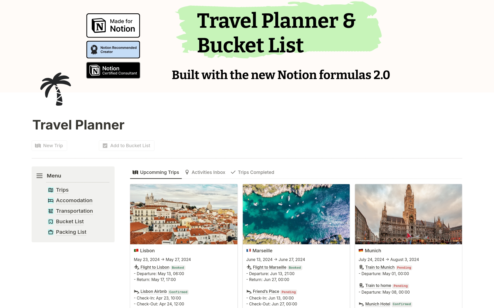 En forhåndsvisning av mal for Travel Planner & Bucket List