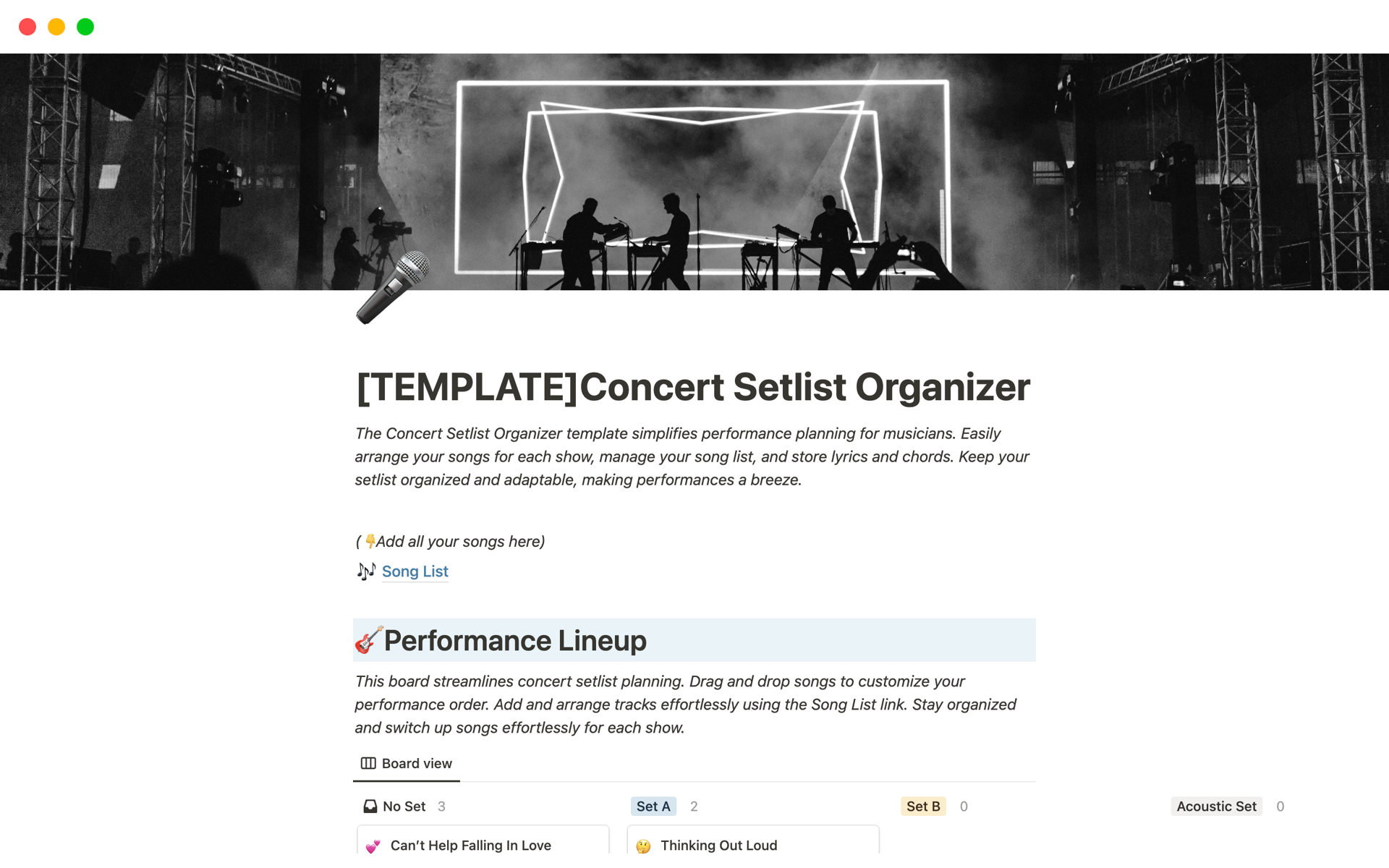 A comprehensive Notion template that streamlines concert setlist creation, technical setup, and event management for elevated performances.