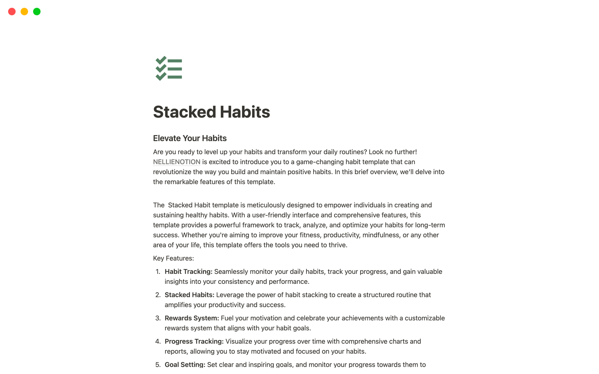 The Stacked Habits Template is a comprehensive and customizable productivity tool that helps you seamlessly integrate positive habits, track your progress, and achieve remarkable results.