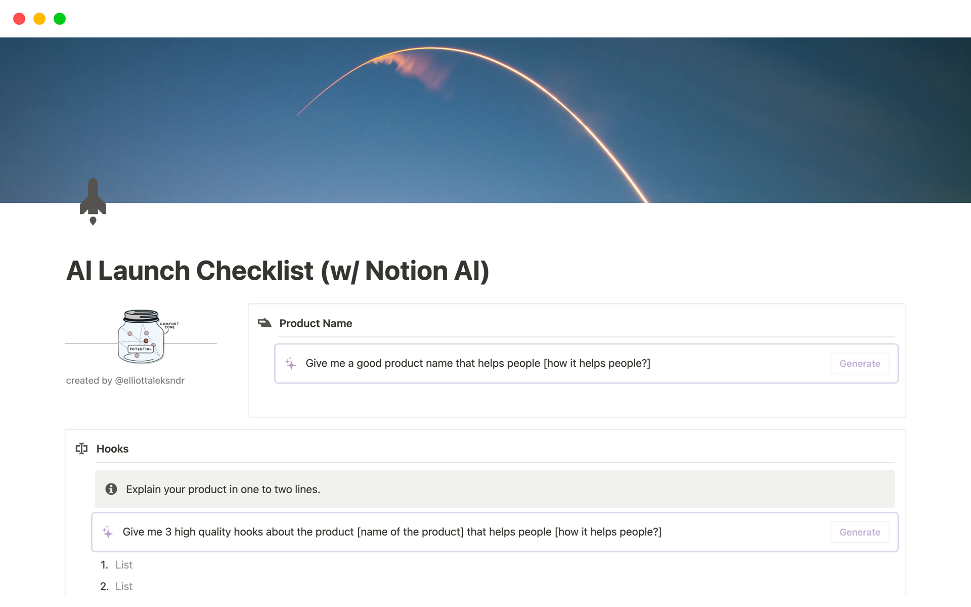 AI Launch Checklist (w/ Notion AI)のテンプレートのプレビュー