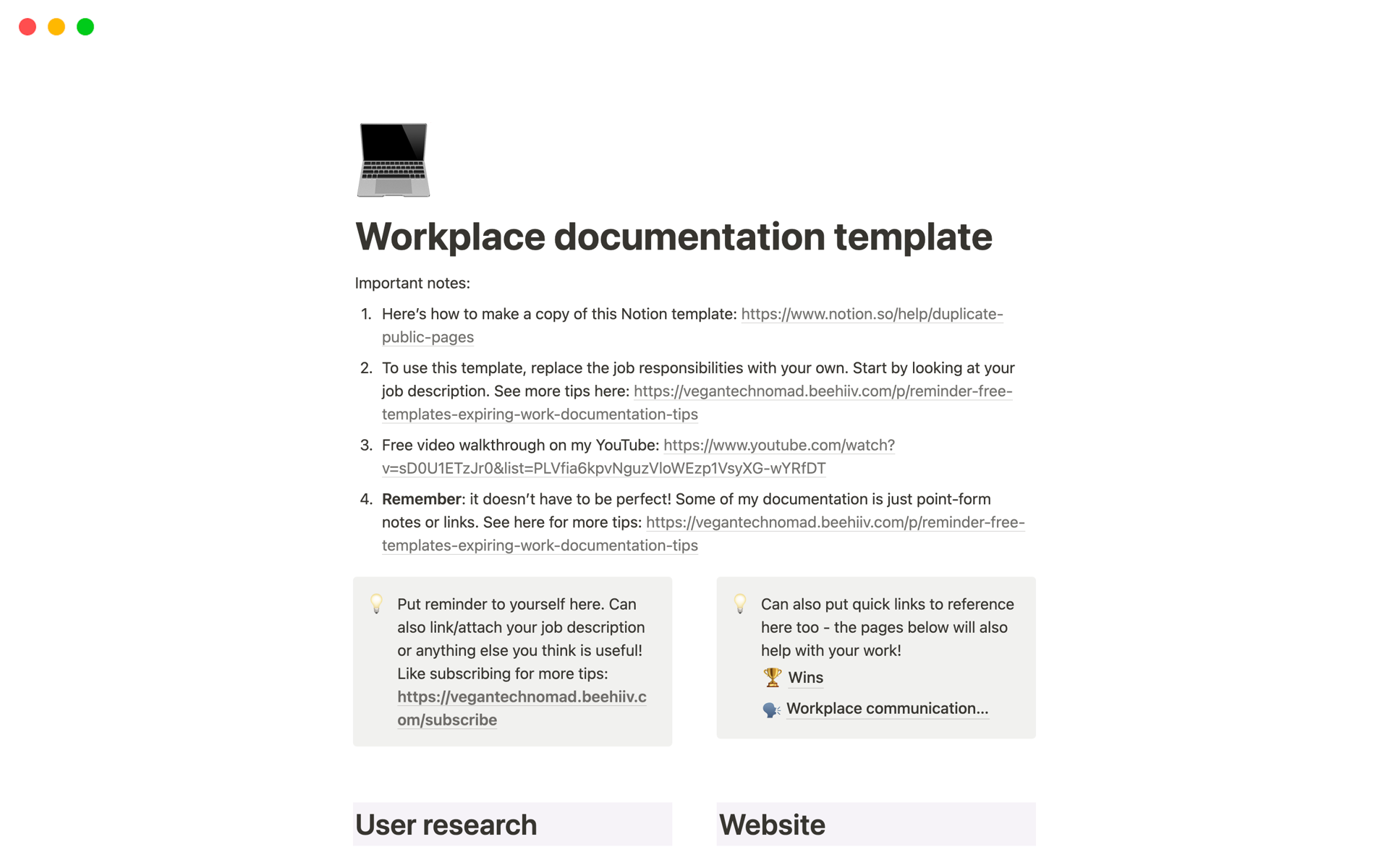 A template preview for Workplace documentation