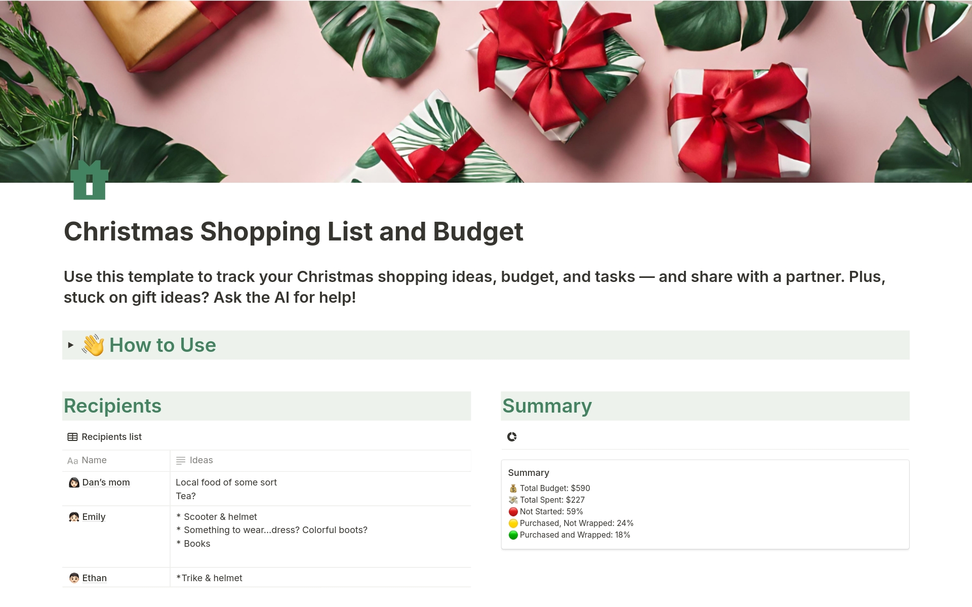Use this template to track your Christmas shopping ideas, budget, and tasks — and share with a partner. Plus, stuck on gift ideas? Ask the AI for help!