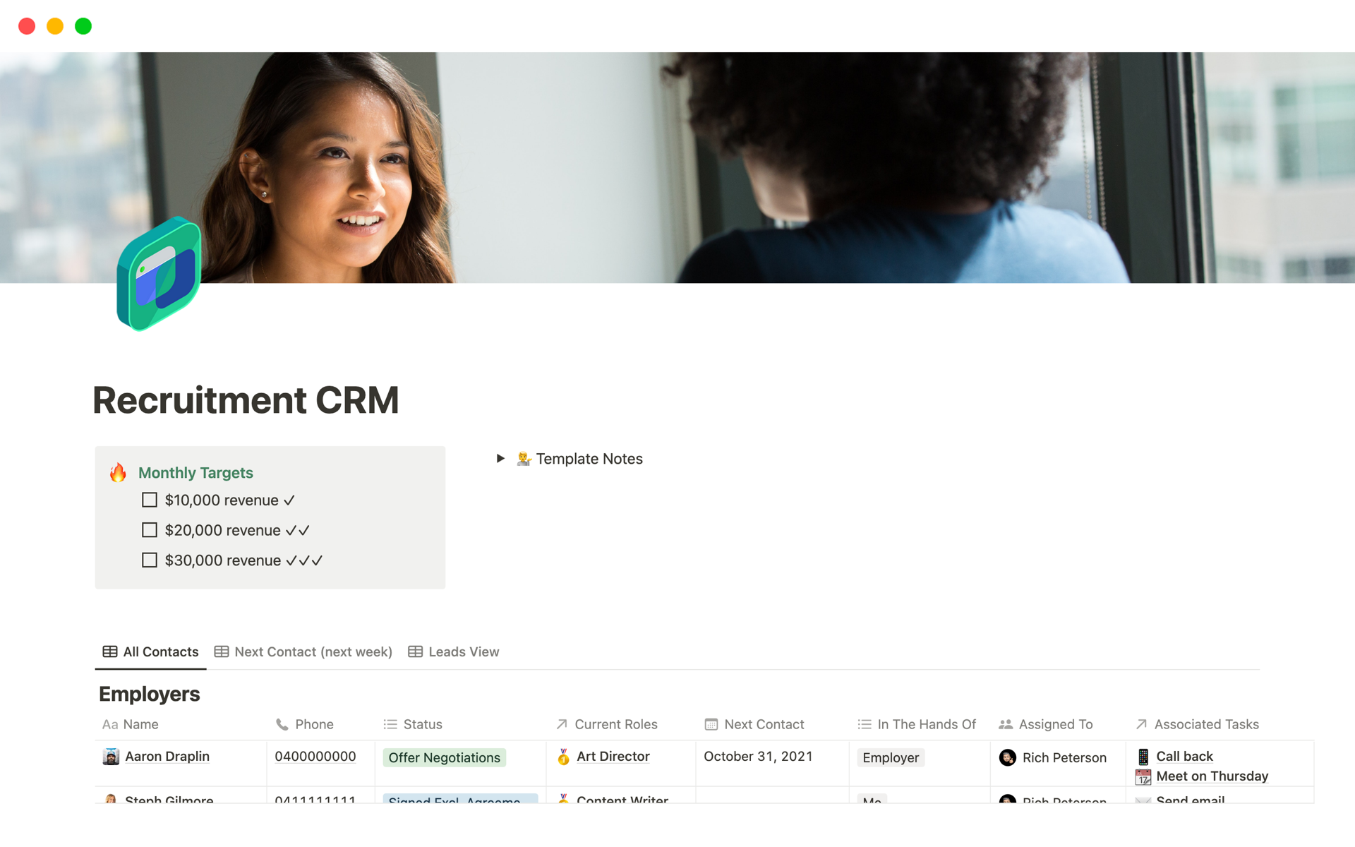 A template preview for Recruitment CRM