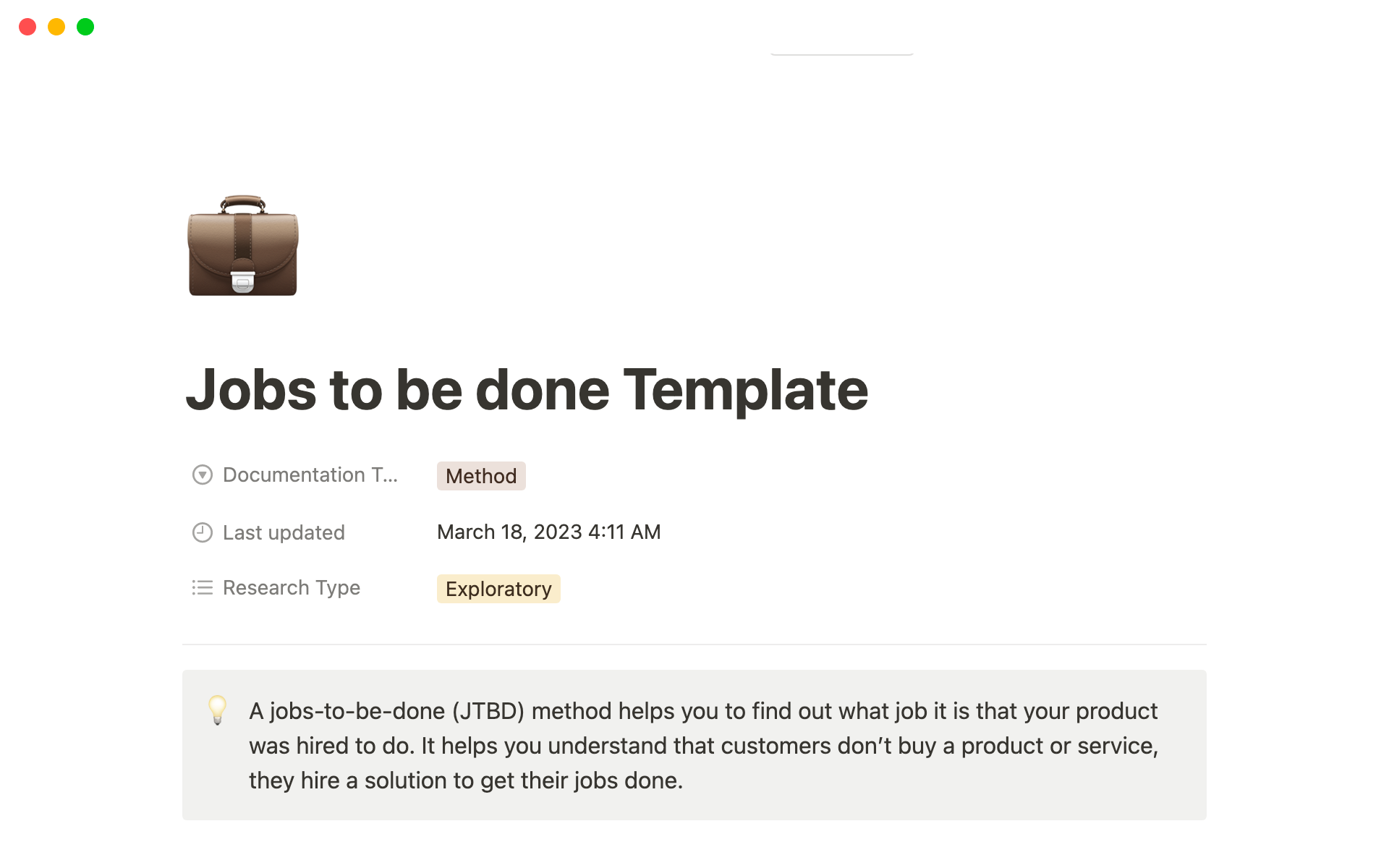 Jobs To Be Done Templateのテンプレートのプレビュー