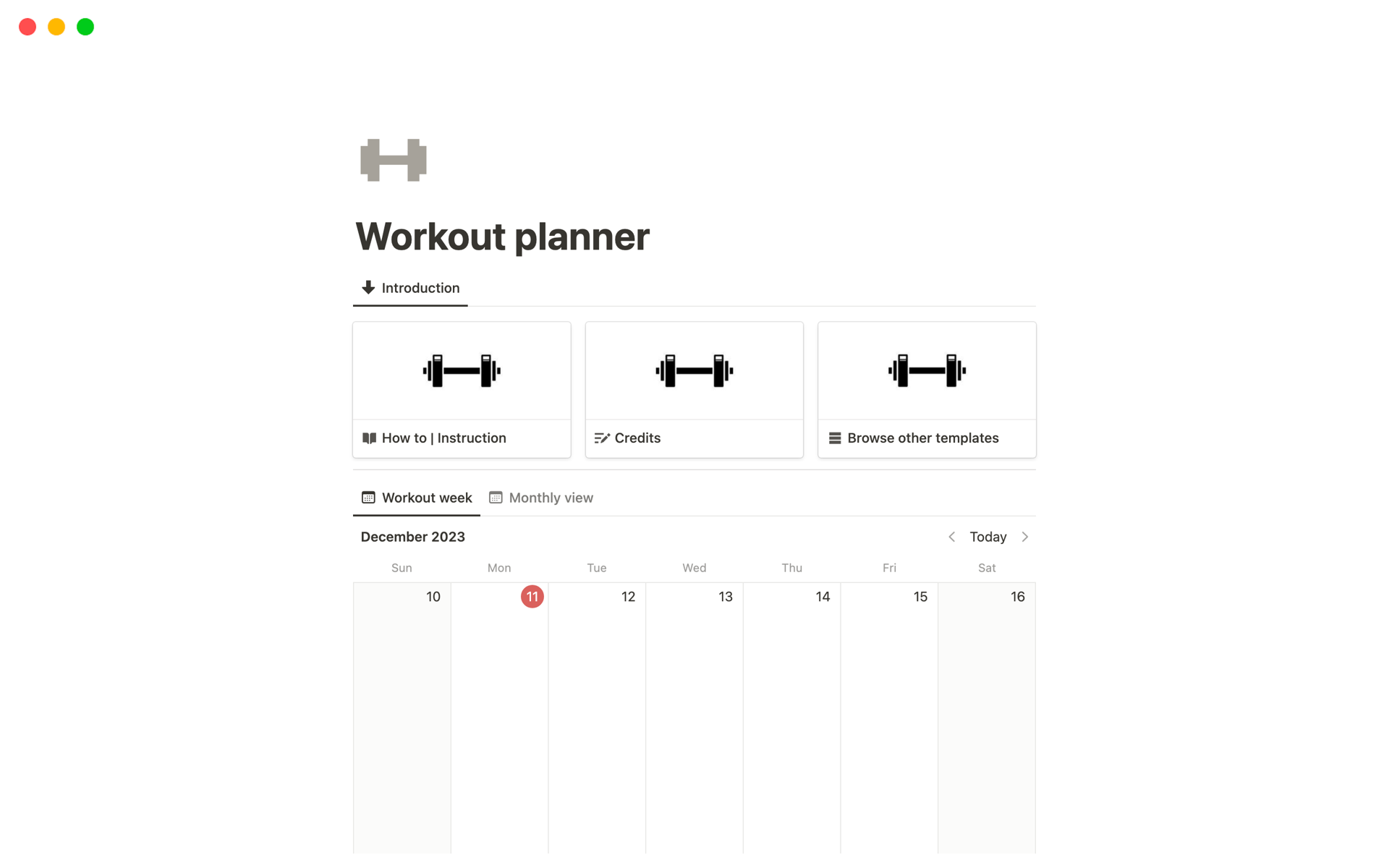 A template preview for Workout planner