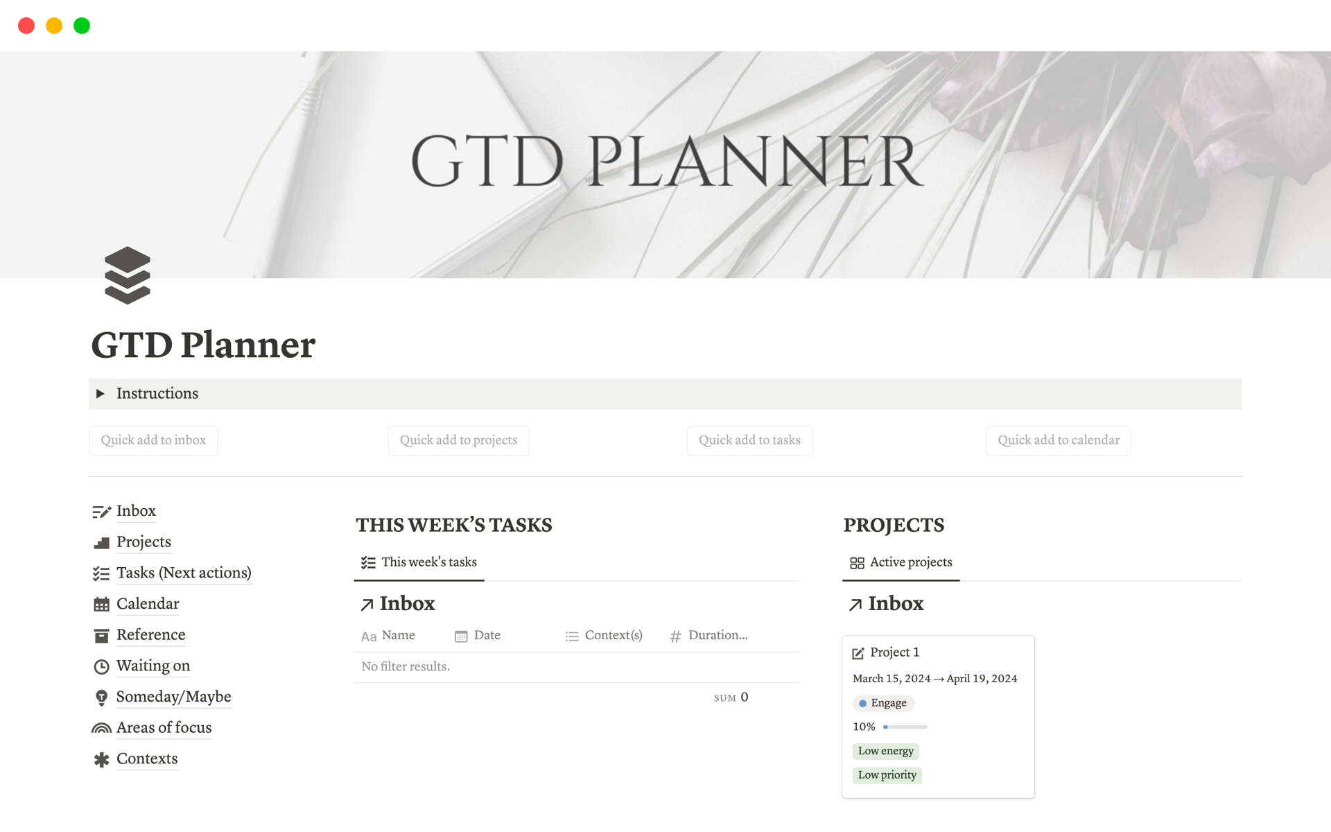 A template preview for GTD Planner