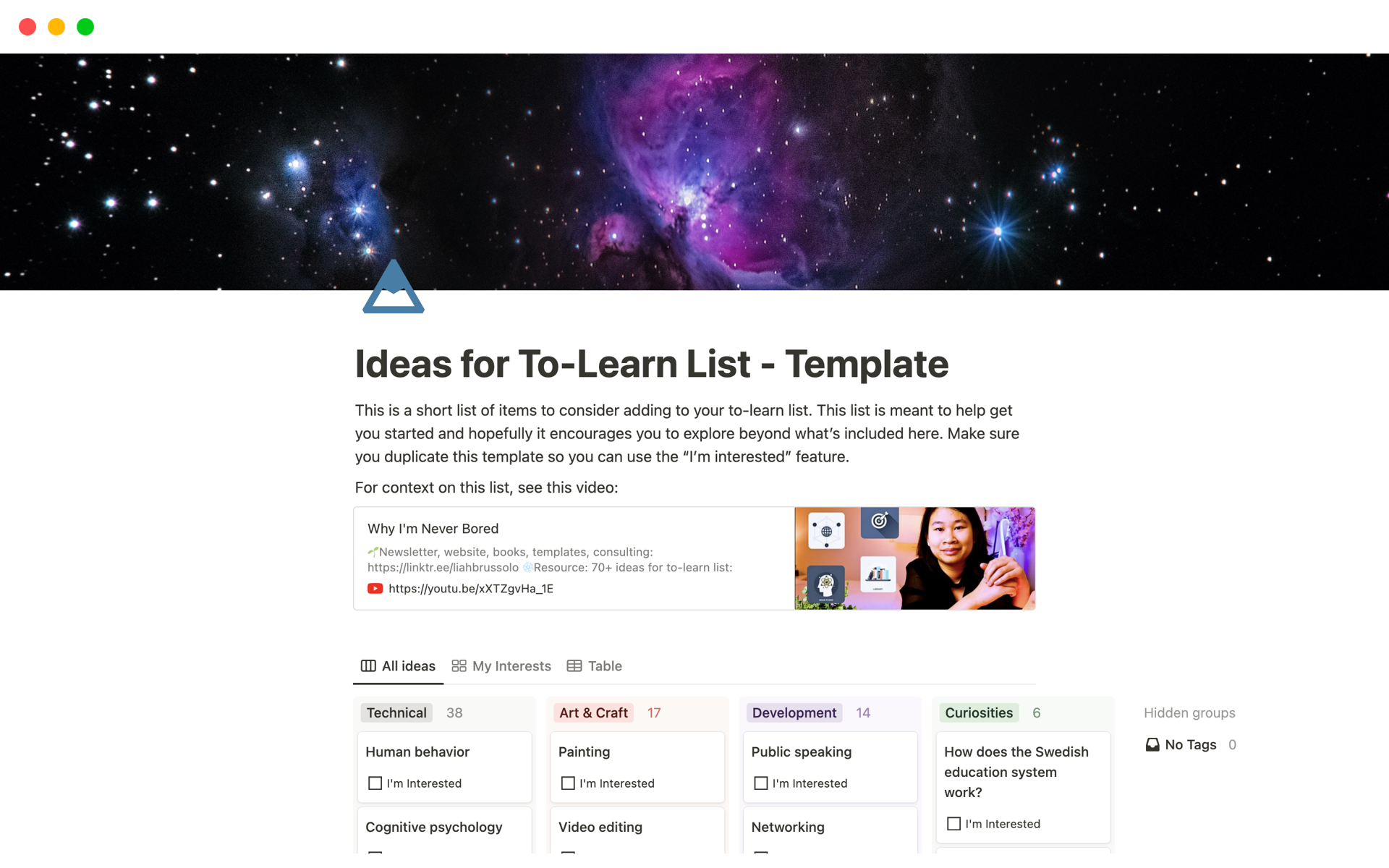 A template preview for Ideas for To-Learn List