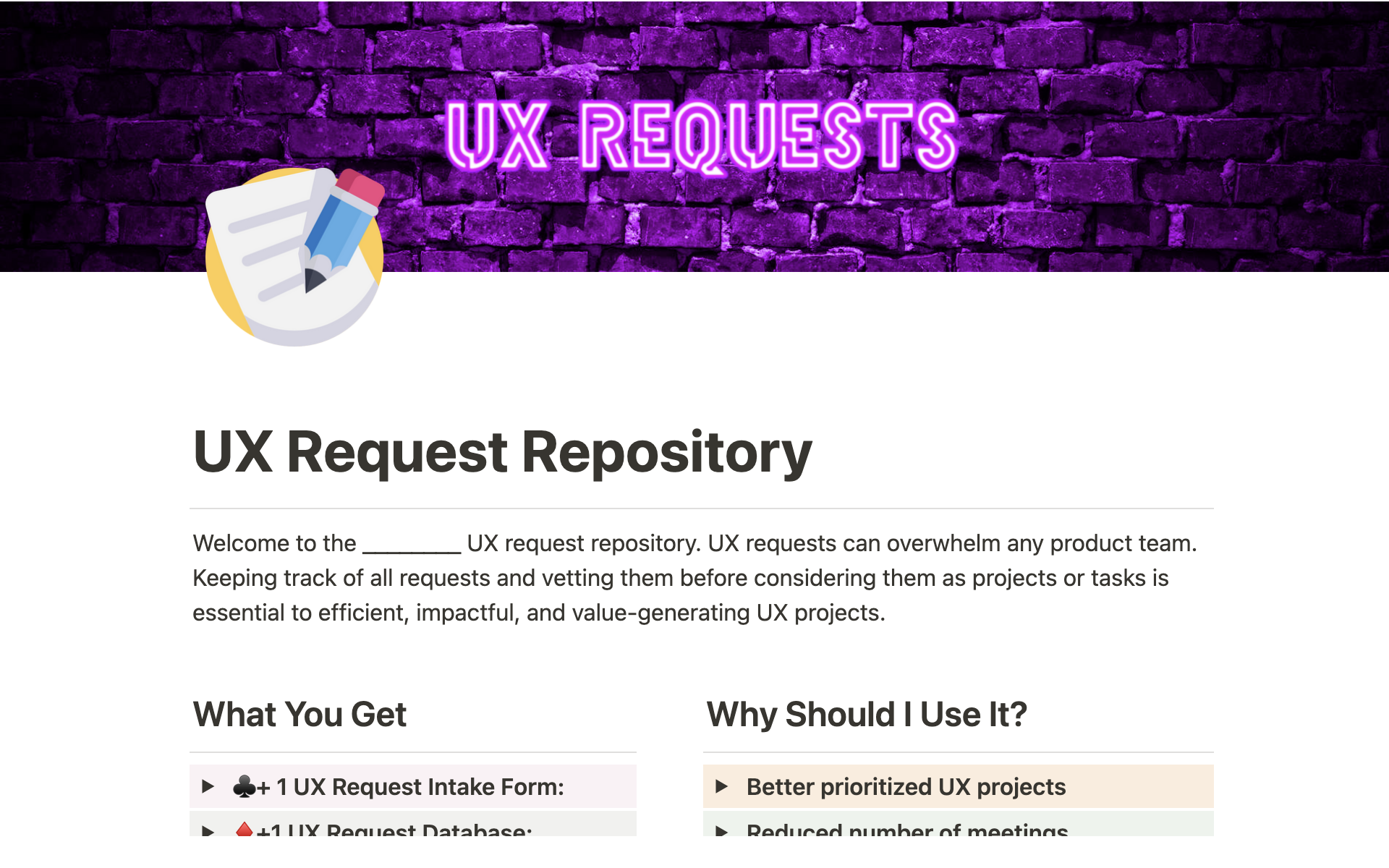 Uma prévia do modelo para UX Request Repository Notion Template