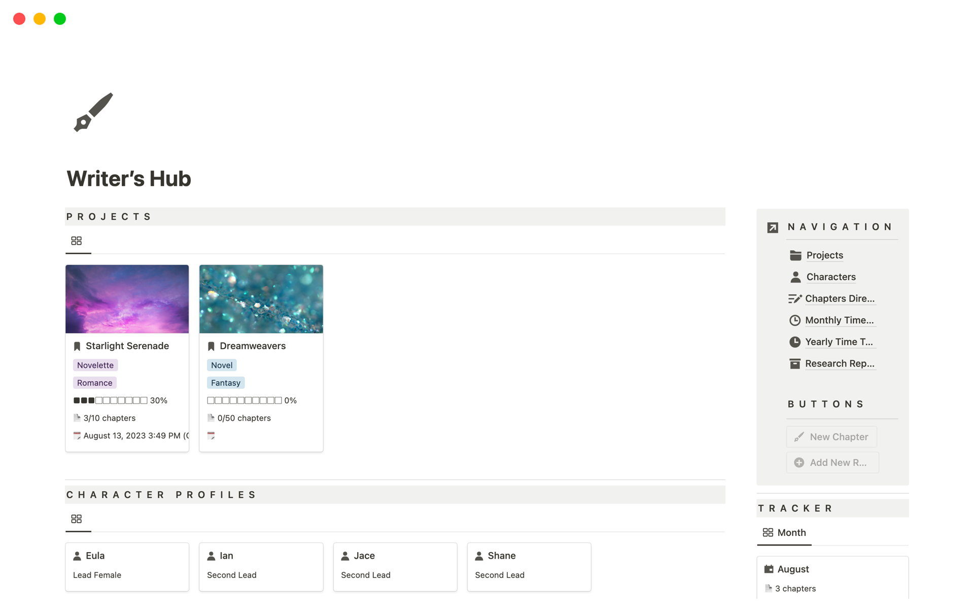 The Writer's Hub Notion Templates help writers track, manage, and excel in their writing projects.