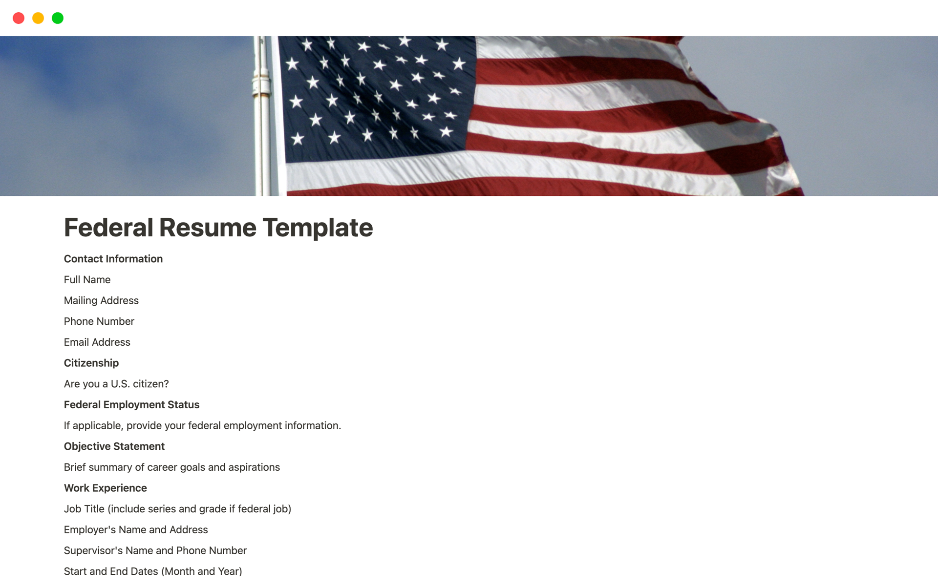A template preview for Federal Resume