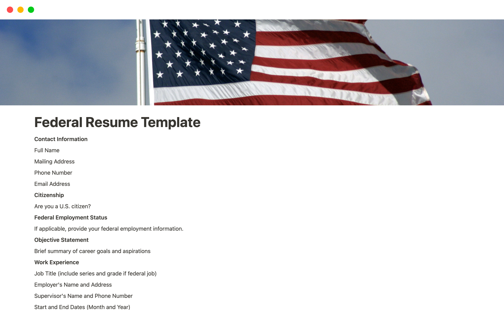 Federal resume template notion marketplace