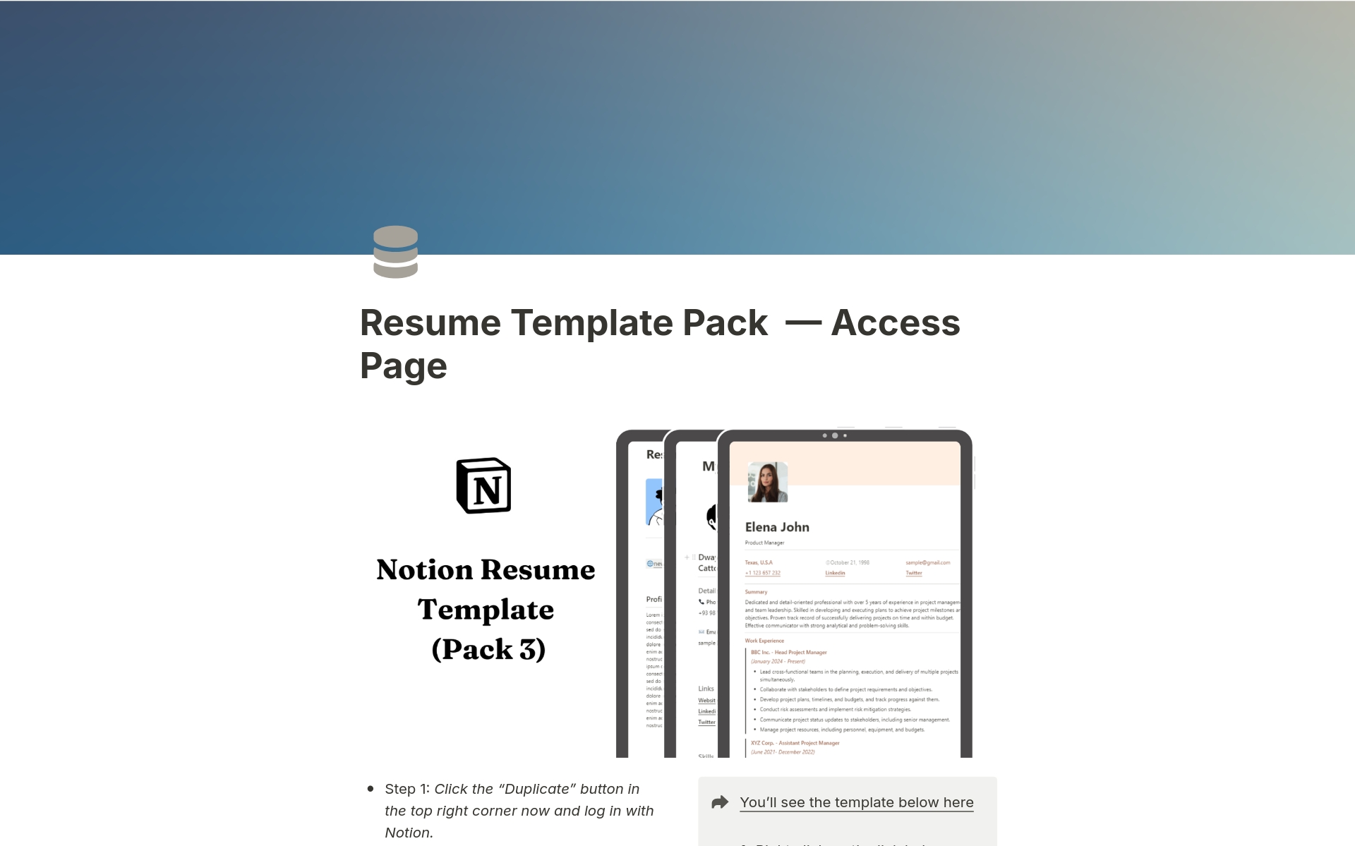 En förhandsgranskning av mallen för Resume Dashboard (Pack 3)