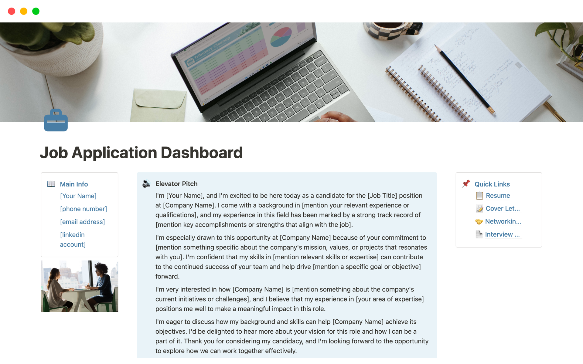 A template preview for Job Application Dashboard