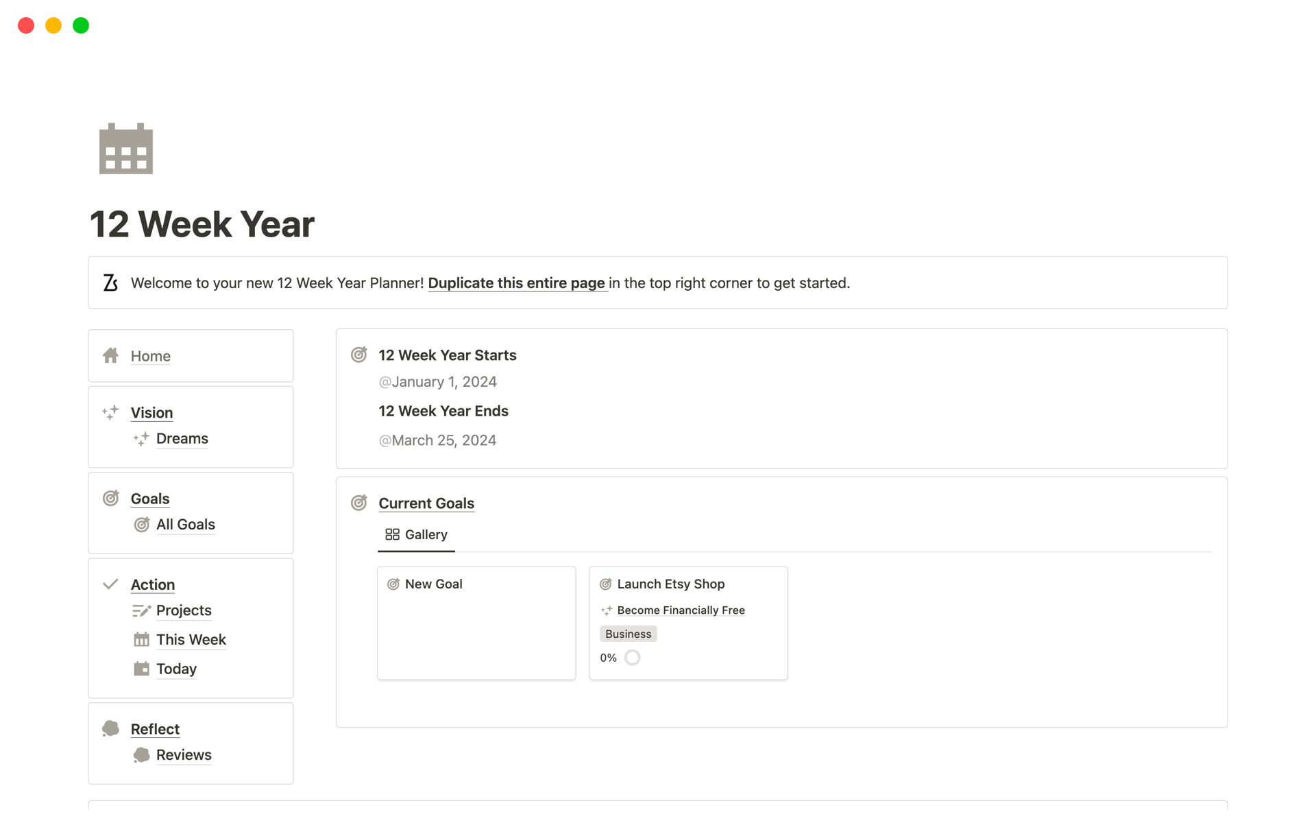 A template preview for Simple 12 Week Year