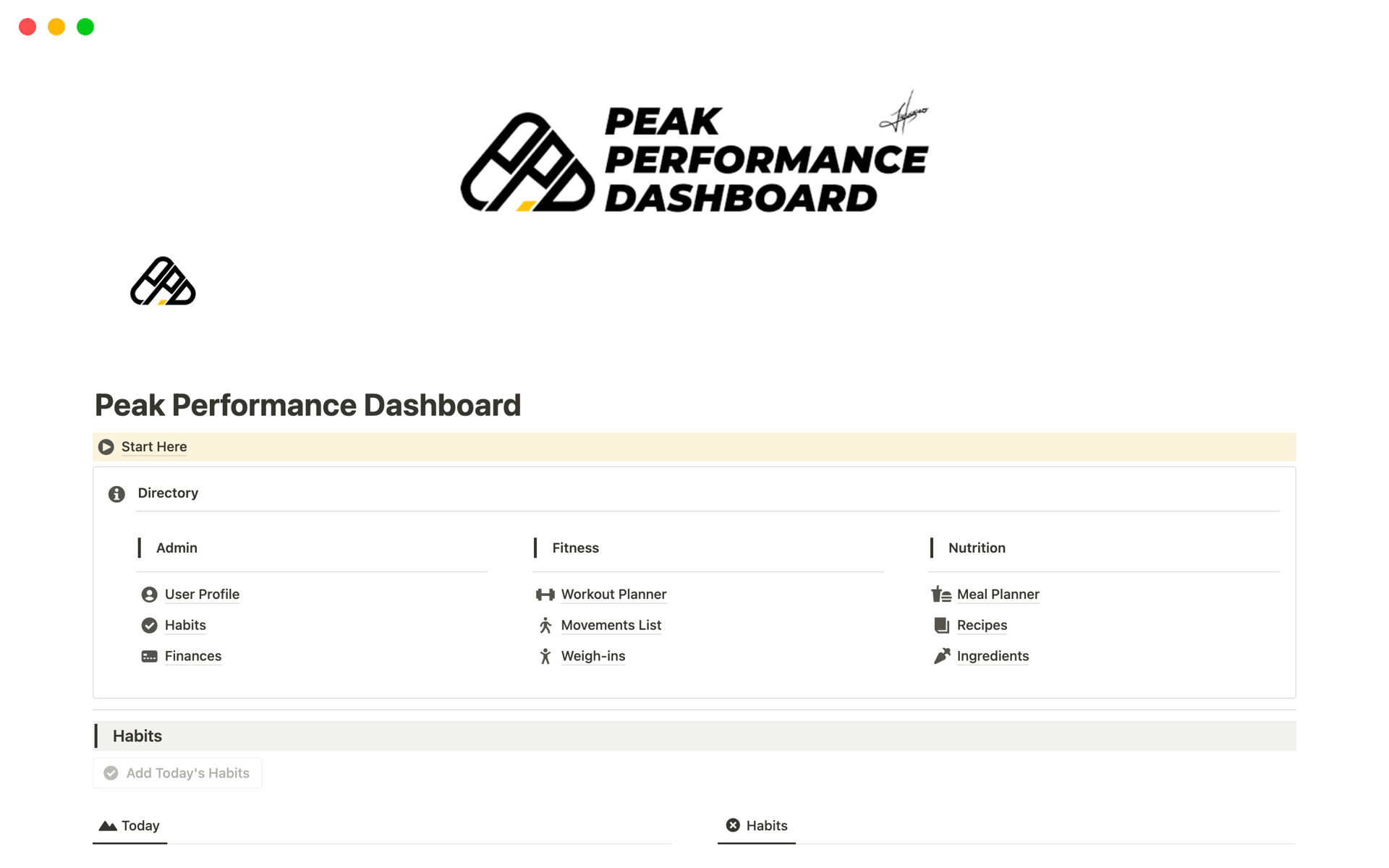 A template preview for Ultimate Peak Performance - Advanced Fitness, Nutrition, & Habit Tracker