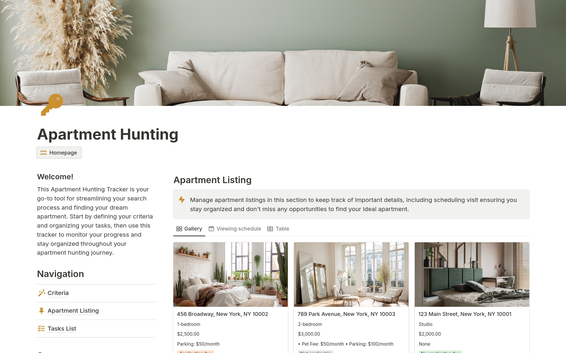 A template preview for Apartment Hunting, House Hunting