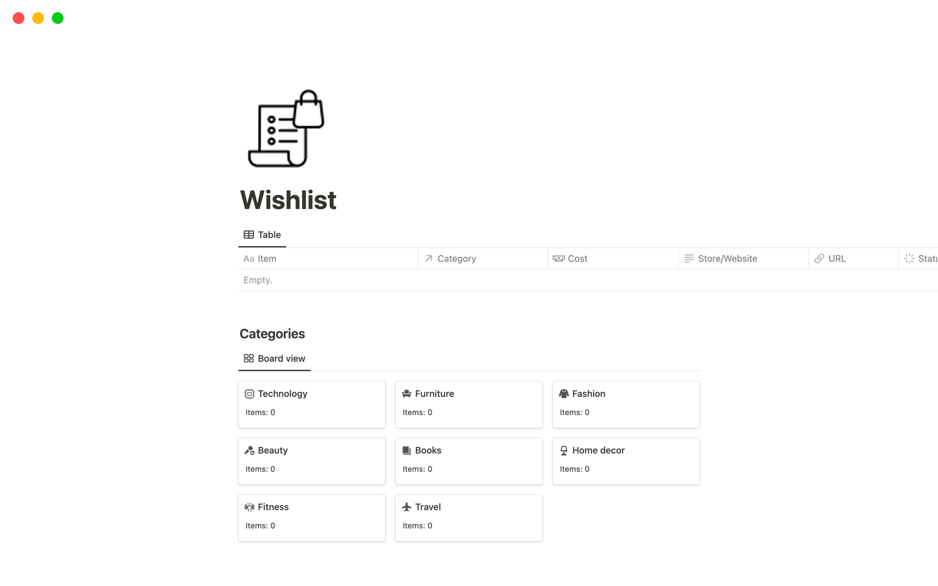 A template preview for Wishlist