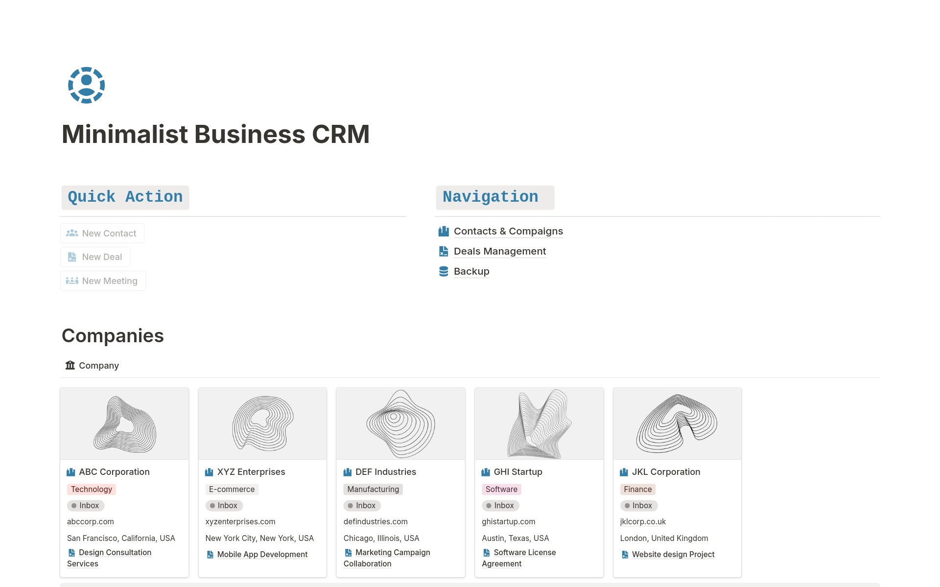 Eine Vorlagenvorschau für Minimalist Business CRM