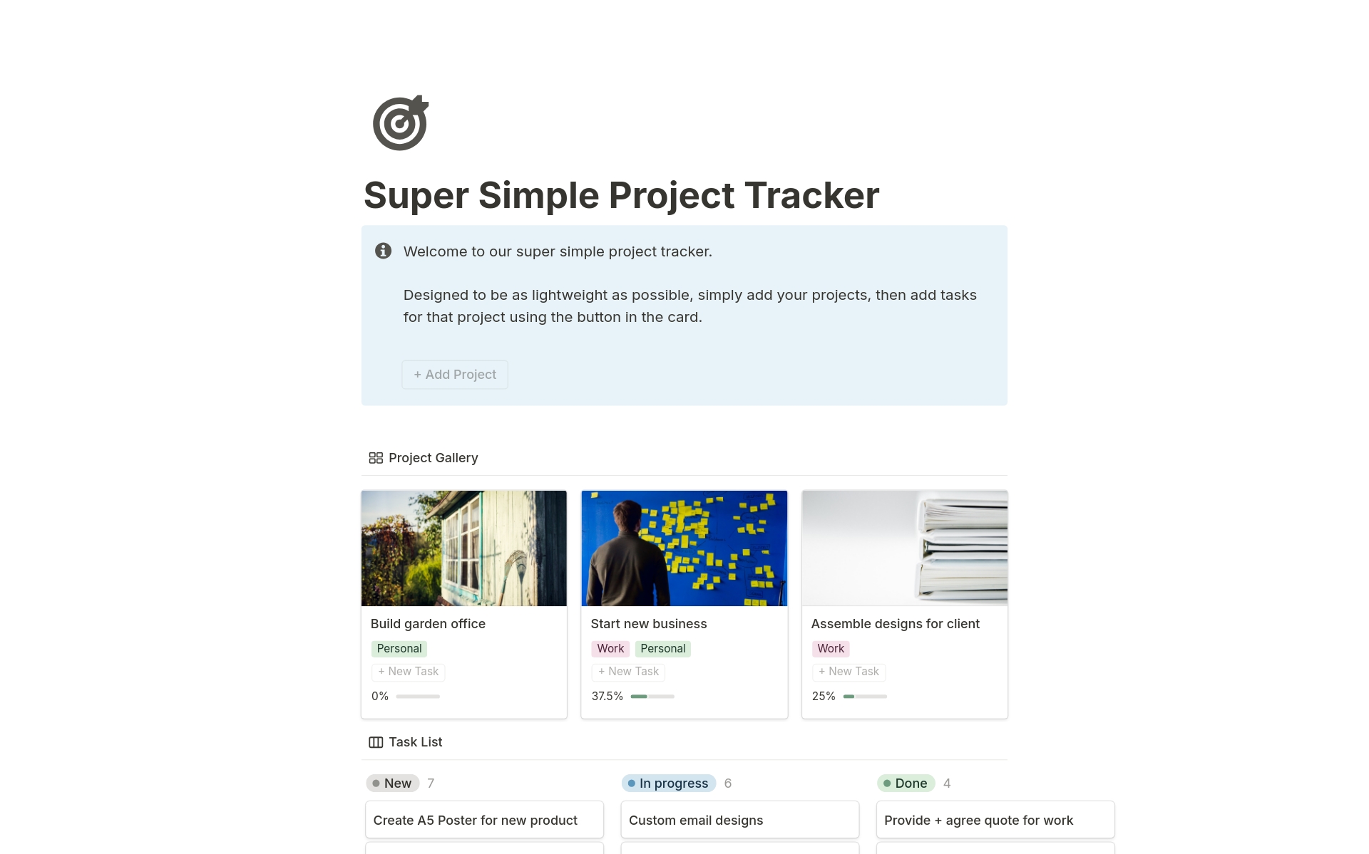 A template preview for Super Simple Project Tracker