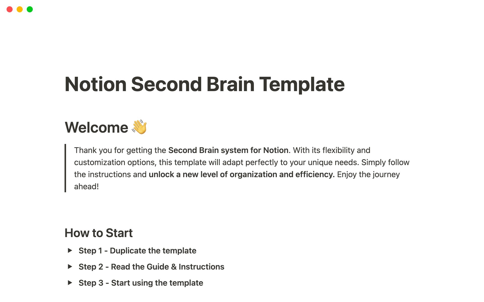 A template preview for Notion Second Brain (Simplified) - by Jeremy Foucray