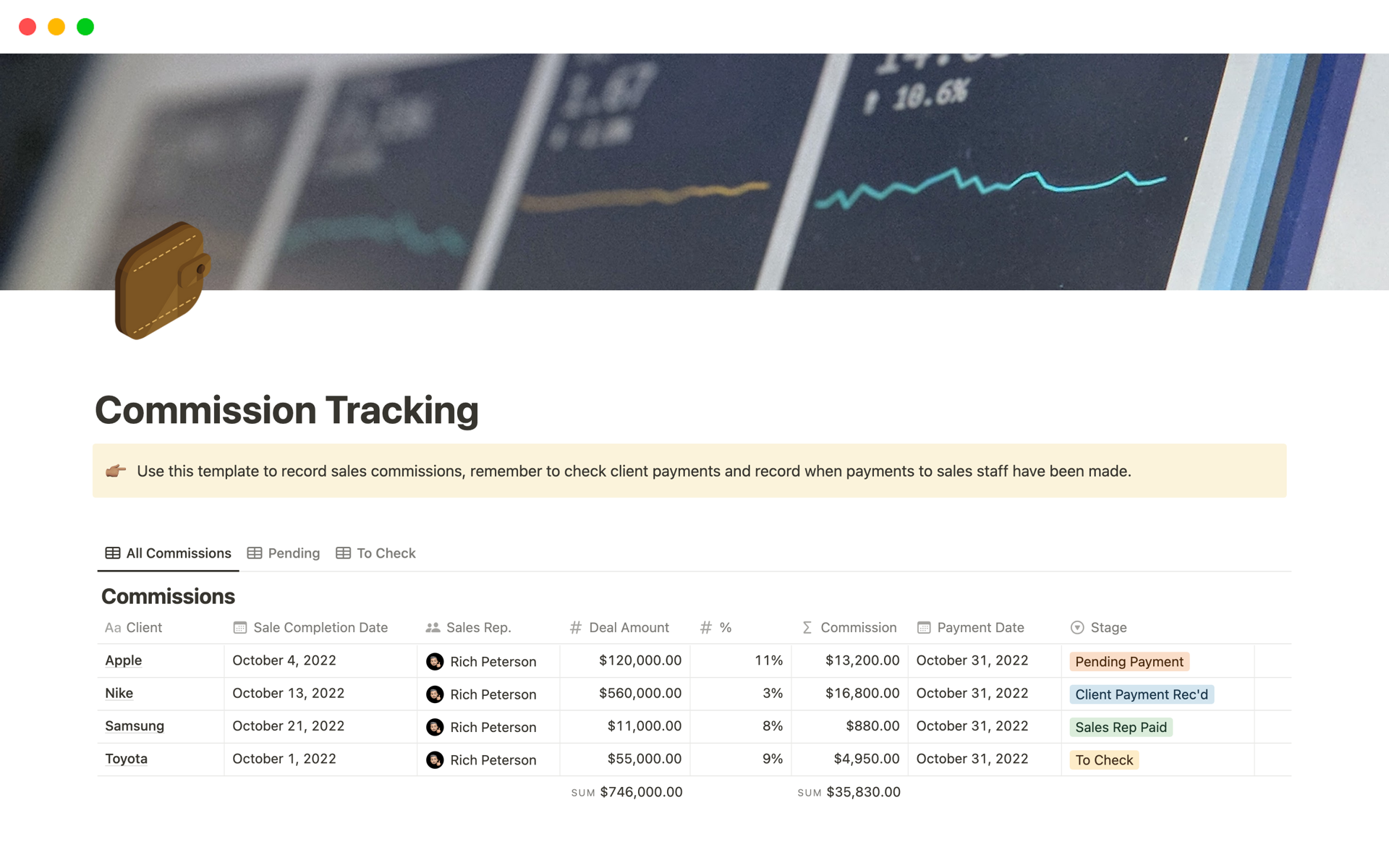 Eine Vorlagenvorschau für Commission Tracking