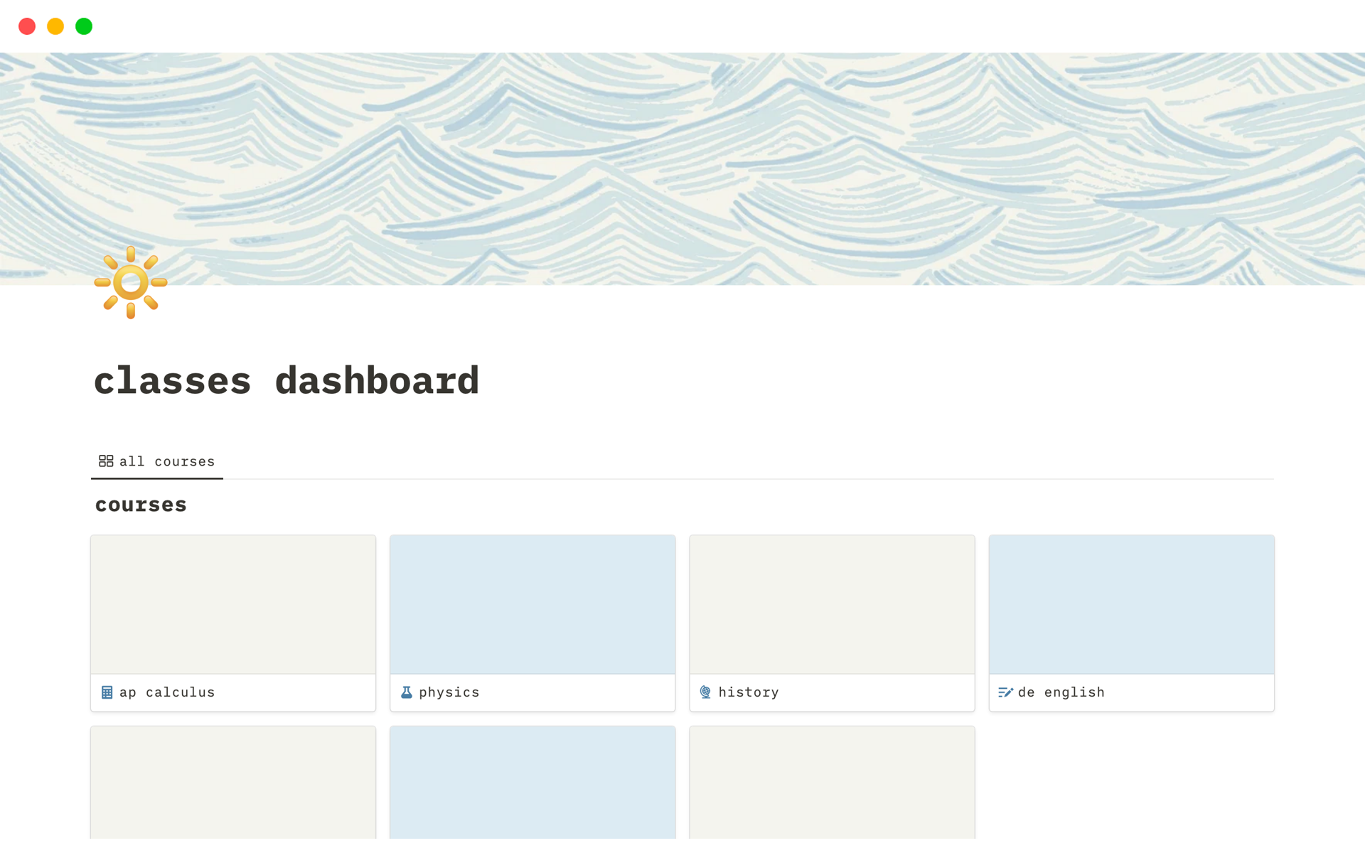 A template preview for Classes dashboard