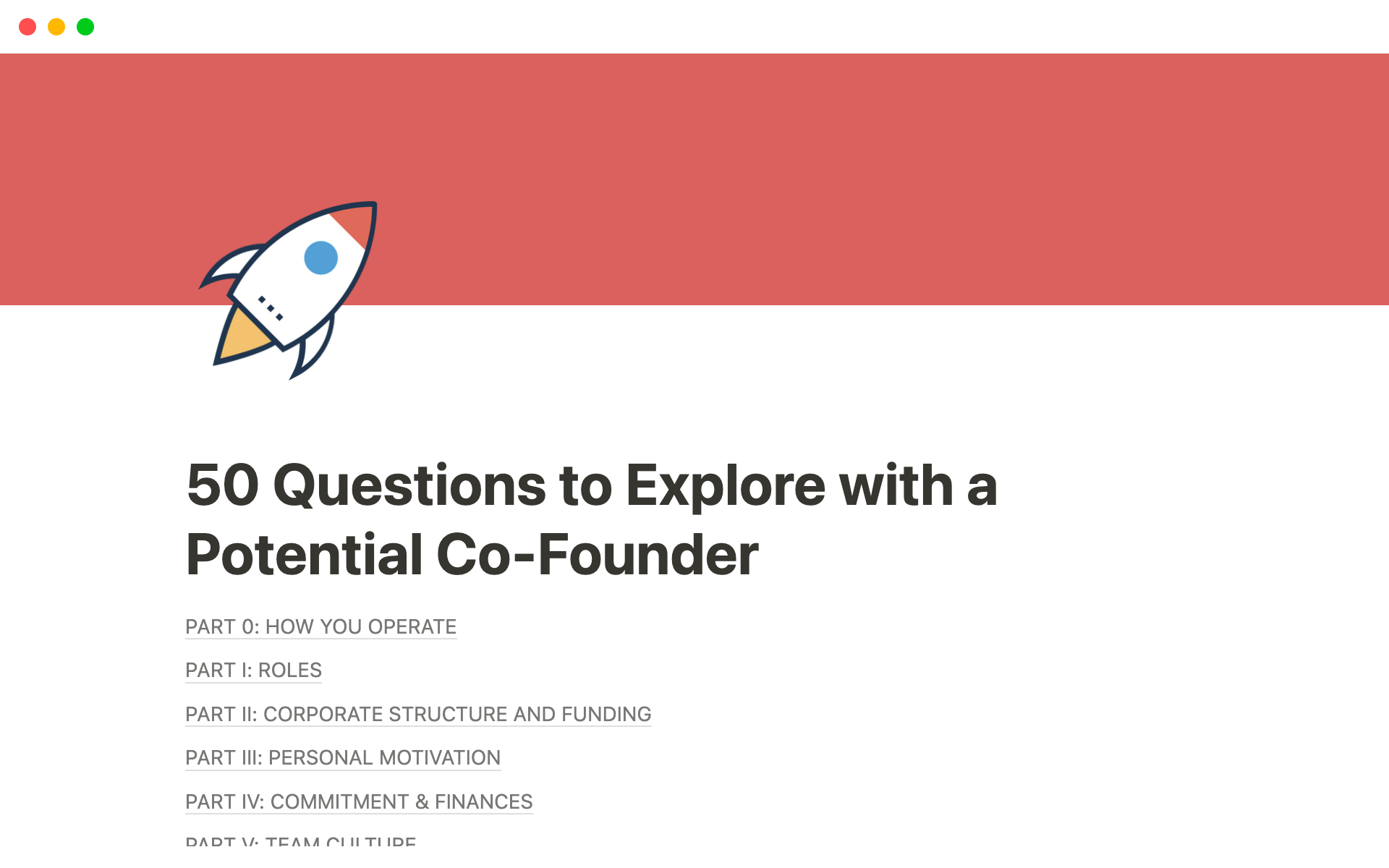 A template preview for 50 Questions to Explore with a Potential Co-Founder