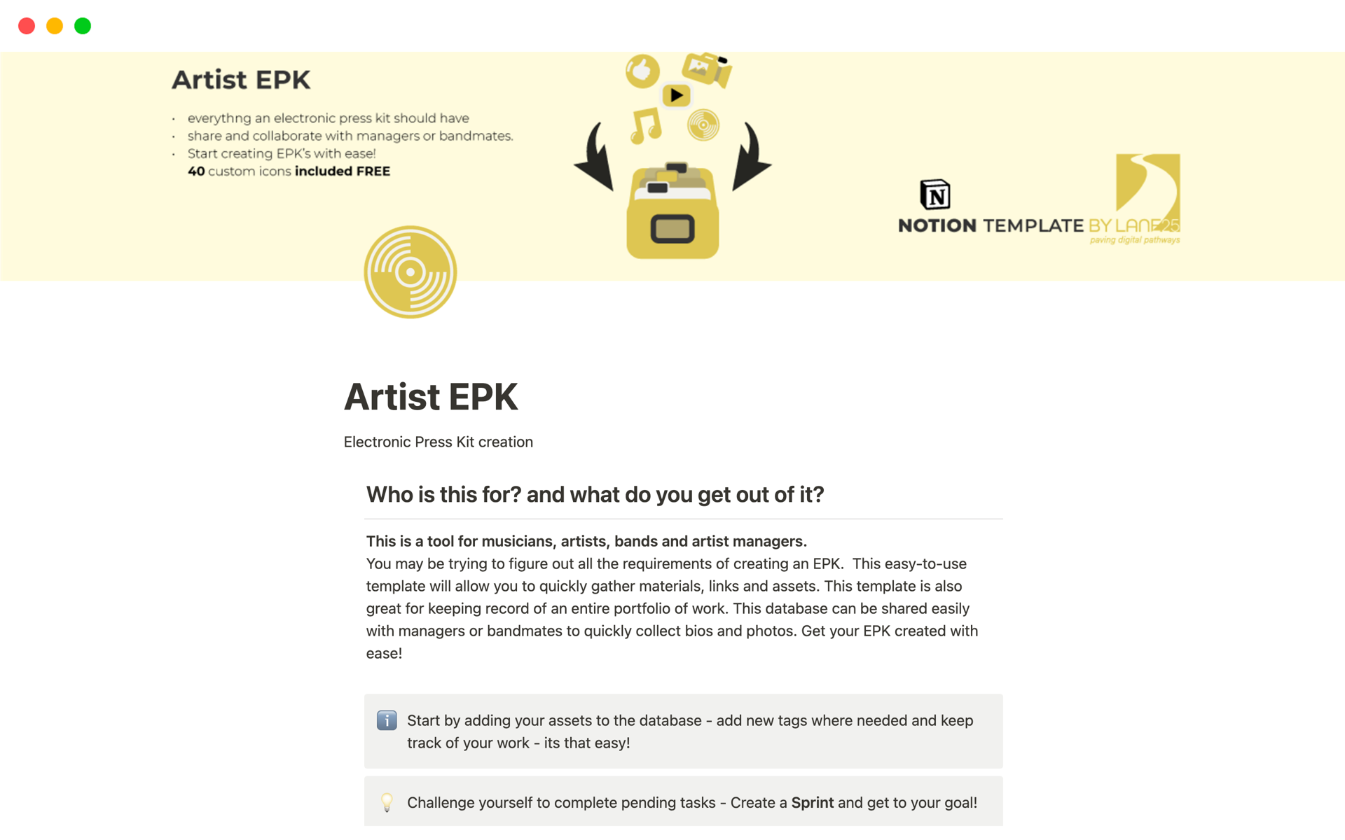 Vista previa de una plantilla para Artist EPK