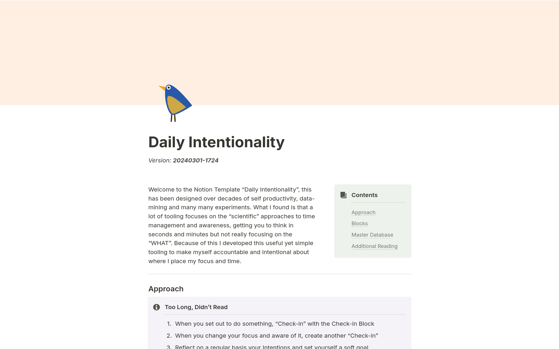 Introducing the 'Daily Intentionality' Notion Template, crafted from years of self-productivity exploration. Unlike conventional tools, it prioritises 'WHAT' over minutes and seconds, fostering accountability and intentional focus. Simplify your time management journey now!