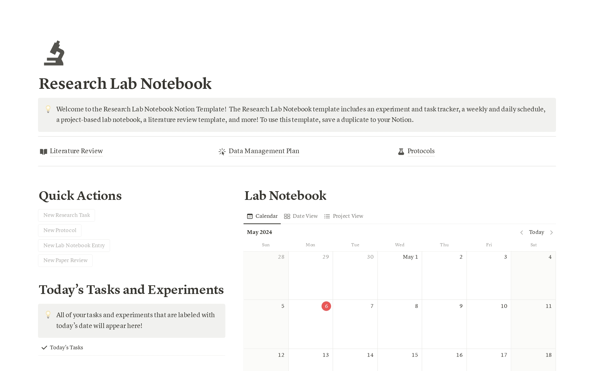 En förhandsgranskning av mallen för Research Lab Notebook