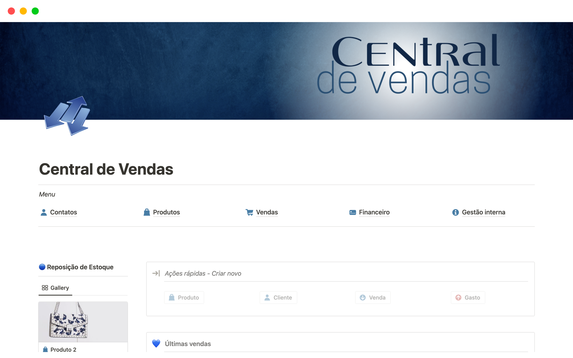 A template preview for Central de Vendas