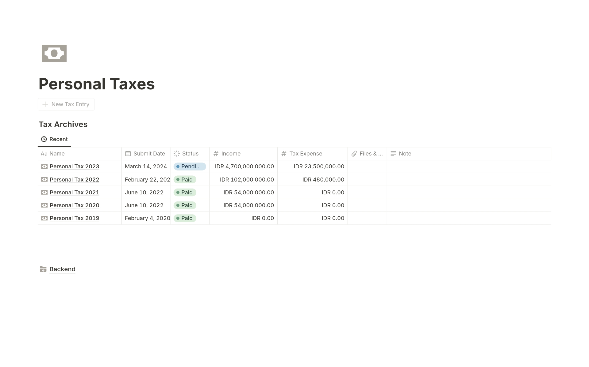 Easily manage personal taxes with our Notion template. Organize income, tax expenses, submission dates, status, and file information effortlessly. Simplify tax tracking and stay organized!