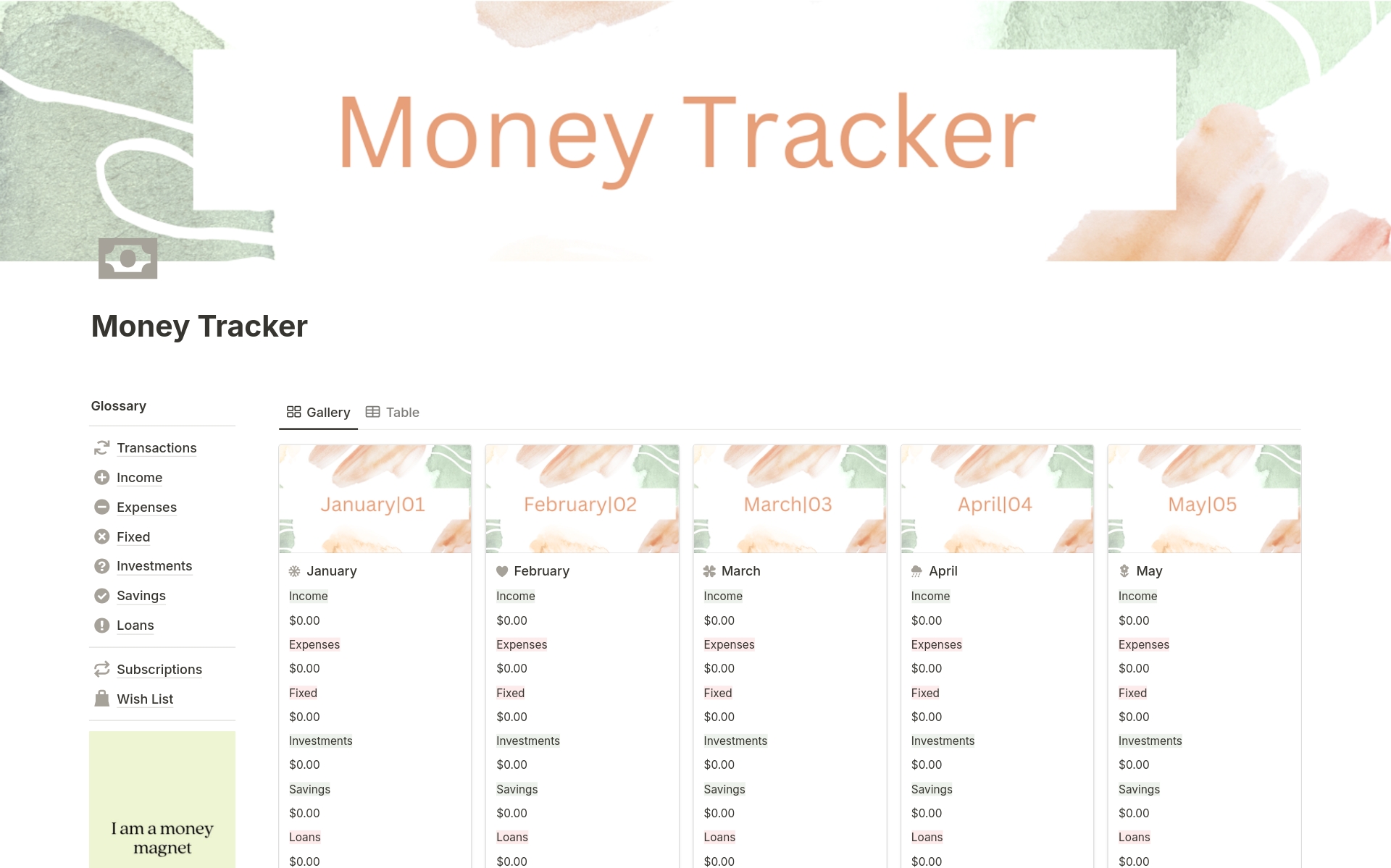 Vista previa de una plantilla para Money Tracker