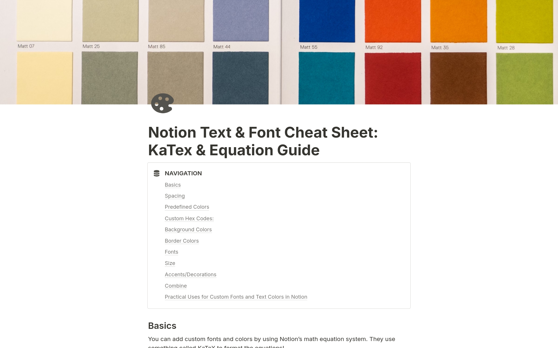 A template preview for Text & Font Cheat Sheet using KaTex